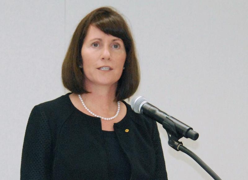 Toyota Motor Corp's Managing Officer and Chief Communications Officer Julie Hamp speaks to media during a news conference in  Nagoya, central Japan