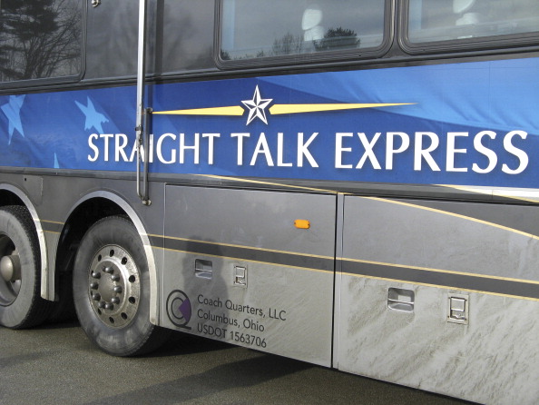The Straight Talk express bus during Senator John McCain's(R-AZ) visit to a polling booth during the "Straight Talk Express" campaign for the Republican nomination in Nashua, New Hampshire on January 8, 2007.