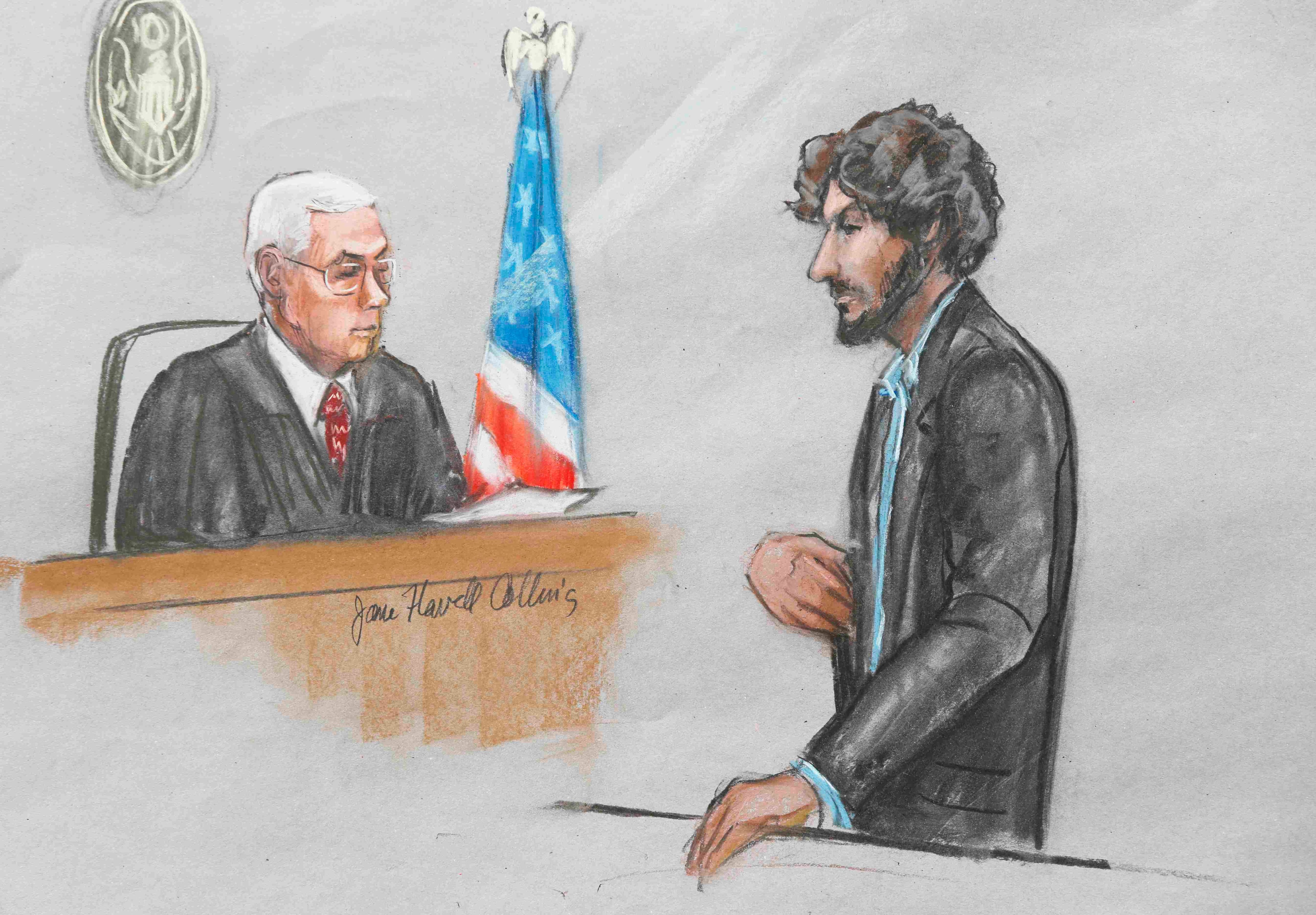 A courtroom sketch shows Boston Marathon bomber Dzhokhar Tsarnaev (R) speaking as U.S. District Judge George O'Toole looks on during his sentencing hearing in Boston, Mass. on June 24, 2015.