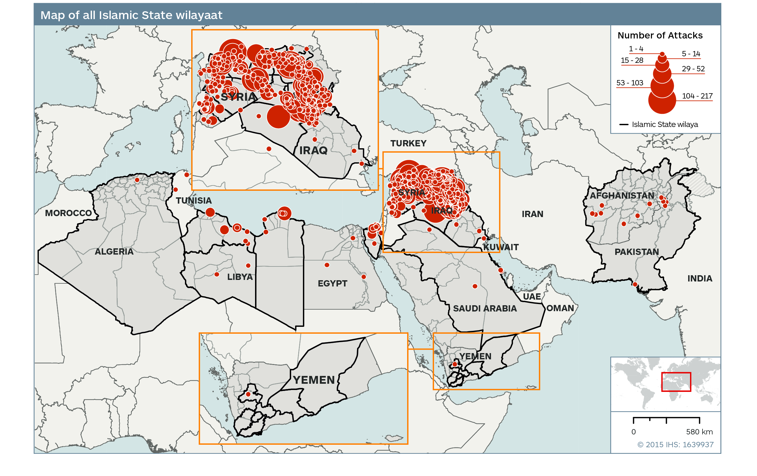 This map shows where Islamic state and its affiliates are located. The black borders delineate where Islamic State has formally announced a wilaya (province) and the red shows attacks carried out in the name of Islamic State between the declaration of a caliphate on June 29, 2014, and June 22, 2015. (IHS Jane’s Terrorism and Insurgency Centre)