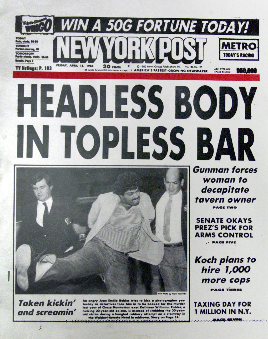 The New York Post front page on April 15, 1983.