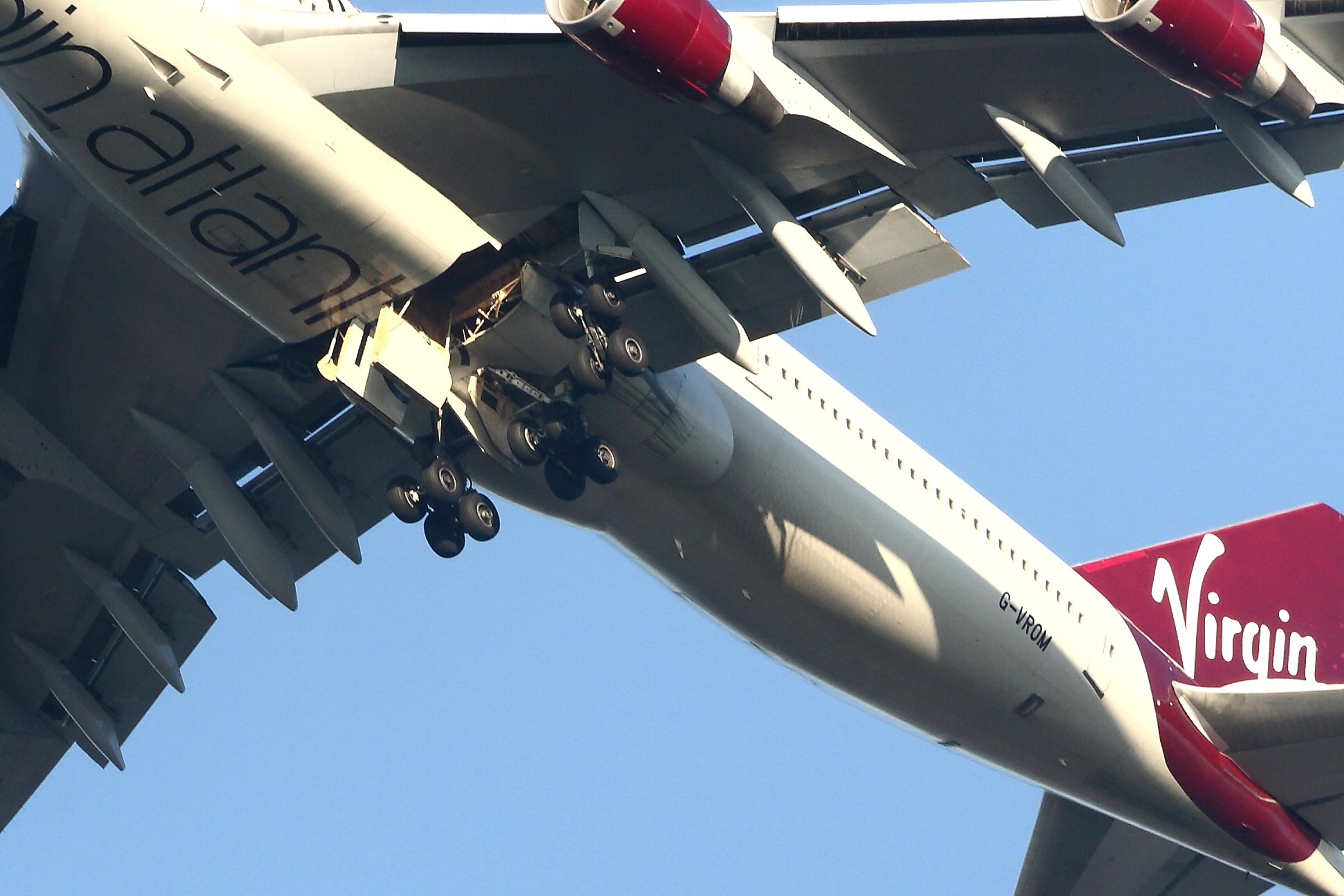 A detailed view of the undercarriage of the Virgin Atlantic Boeing 747 as it passes overhead at Gatwick airport in West Sussex on December 29, 2014 in London, England.