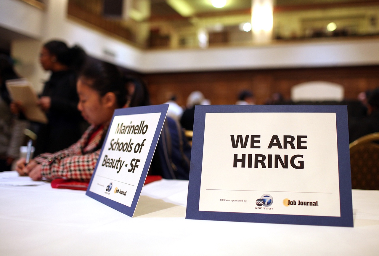 SAN FRANCISCO, CA - MARCH 27:  A "we are hiring" sign is displayed on a table during the San Francisco Hirevent job fair at the Hotel Whitcomb on March 27, 2012 in San Francisco, California. As the national unemployment rate stands at 8.3 percent, job seekers turned out to meet with recruiters at the San Francisco Hirevent job fair where hundreds of jobs were available.  (Photo by Justin Sullivan/Getty Images) (Justin Sullivan&mdash;Getty Images)