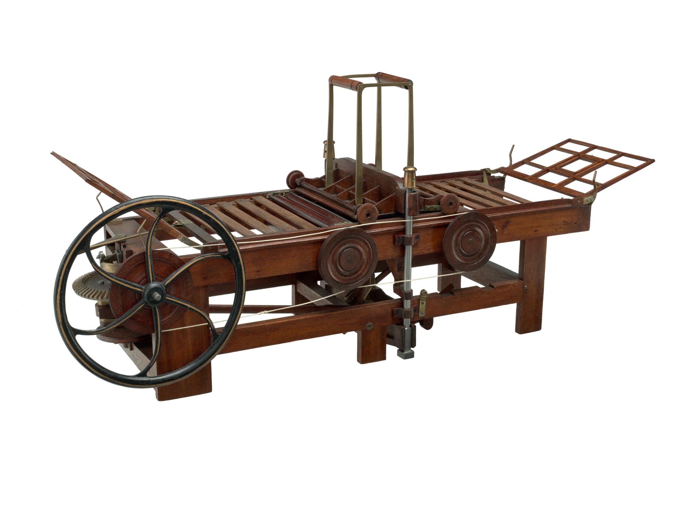 The style of bed and platen printing press in this patent model inspired Issac Adams’ design of the later Adams Power Press, which was praised by early 19th century printers for its production of quality book work.