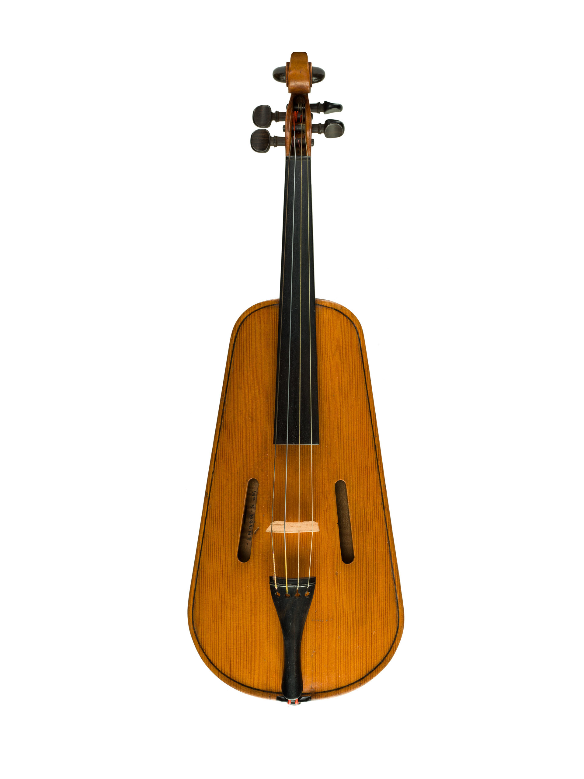 Violin, 1852: William S. Mount, (Patent No. 8981). William S. Mount proposed creating violins with concave or hollow backs. This patent model represented a design innovation that would minimize the strain on the violin soundboard and avoid interference with the “sonorous and vibrating qualities” of the instrument.