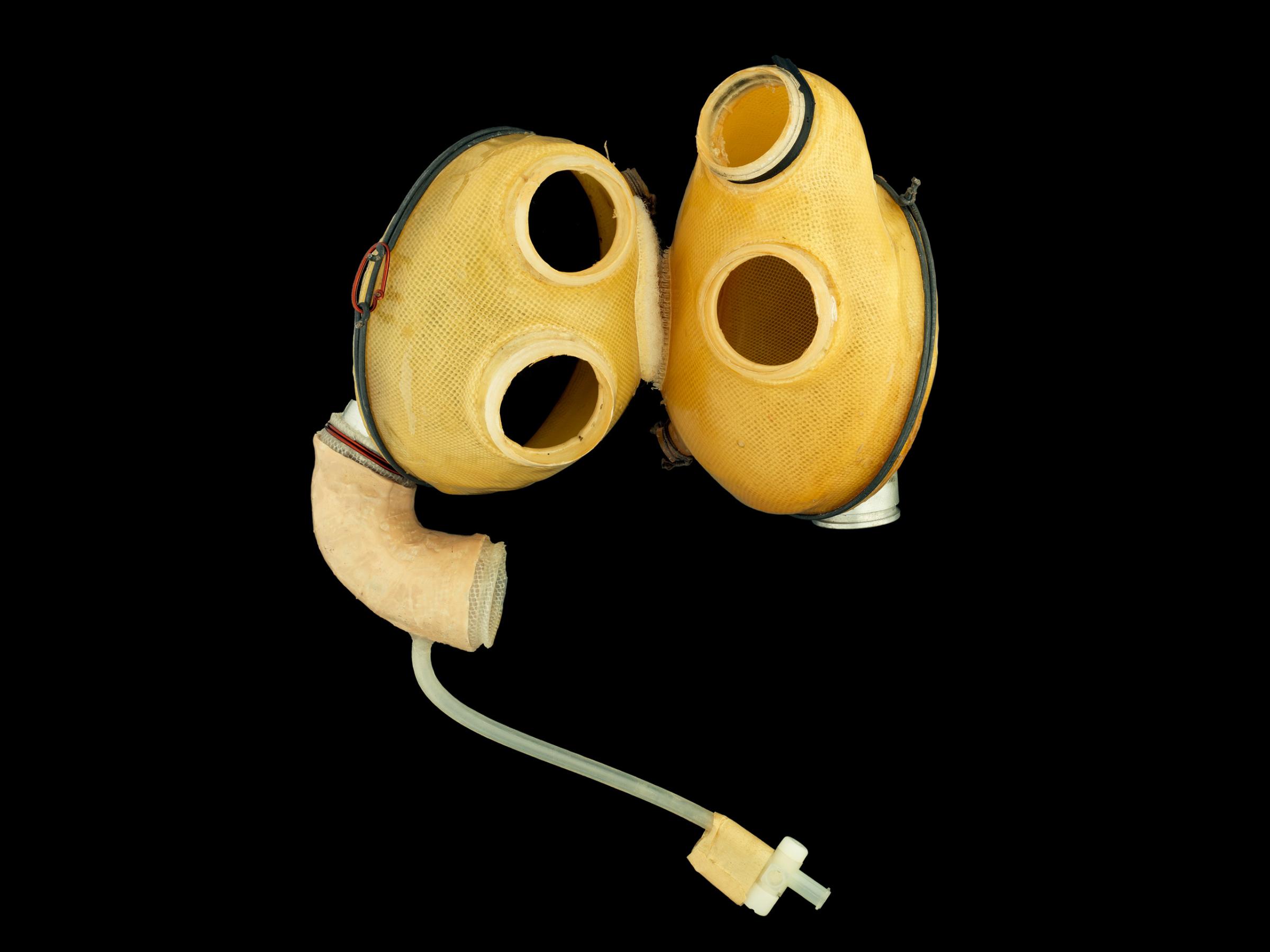 Artificial Heart, 1977: Robert Jarvik, M.D., Prototype. This electrohydraulic artificial heart is a prototype for what became the Jarvik-7 Total Artificial Heart, which was first implanted into a human in December 1982 at the University of Utah Medical Center. The two sides of the device are connected with Velcro.