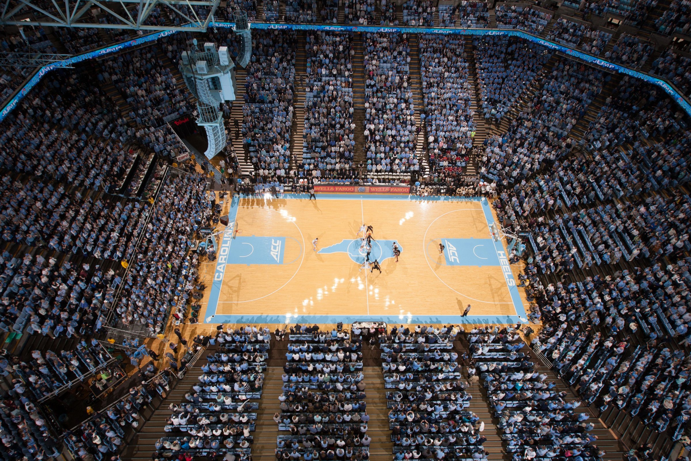 CHAPEL HILL, NC - JANUARY 24: A wide-angle overhead general view of the Dean Smith Center as the North Carolina Tar Heels play against the Florida State Seminoles on January 24, 2015 at the Dean E. Smith Center in Chapel Hill, North Carolina. North Carolina won 78-74. (Photo by Peyton Williams/UNC/Getty Images)