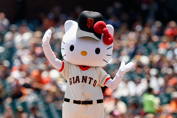 Hello Kitty throws out the first pitch before the game between the Colorado Rockies and the San Francisco Giants at AT&amp;T Park in San Francisco on June 28, 2015 (Lachlan Cunningham—Getty Images)