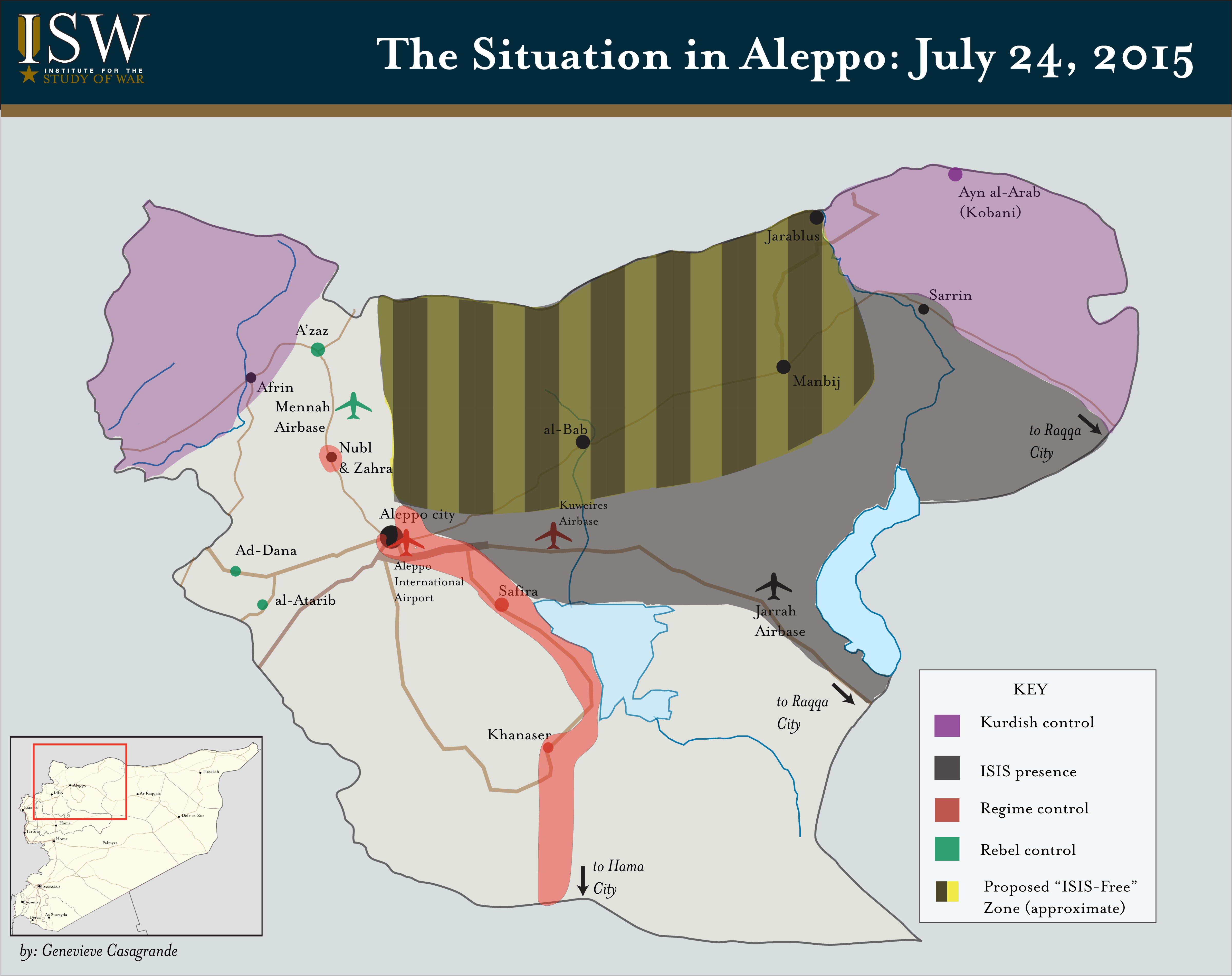 The striped section of the map is the proposed "no-ISIS zone." (Institute for the Study of War)