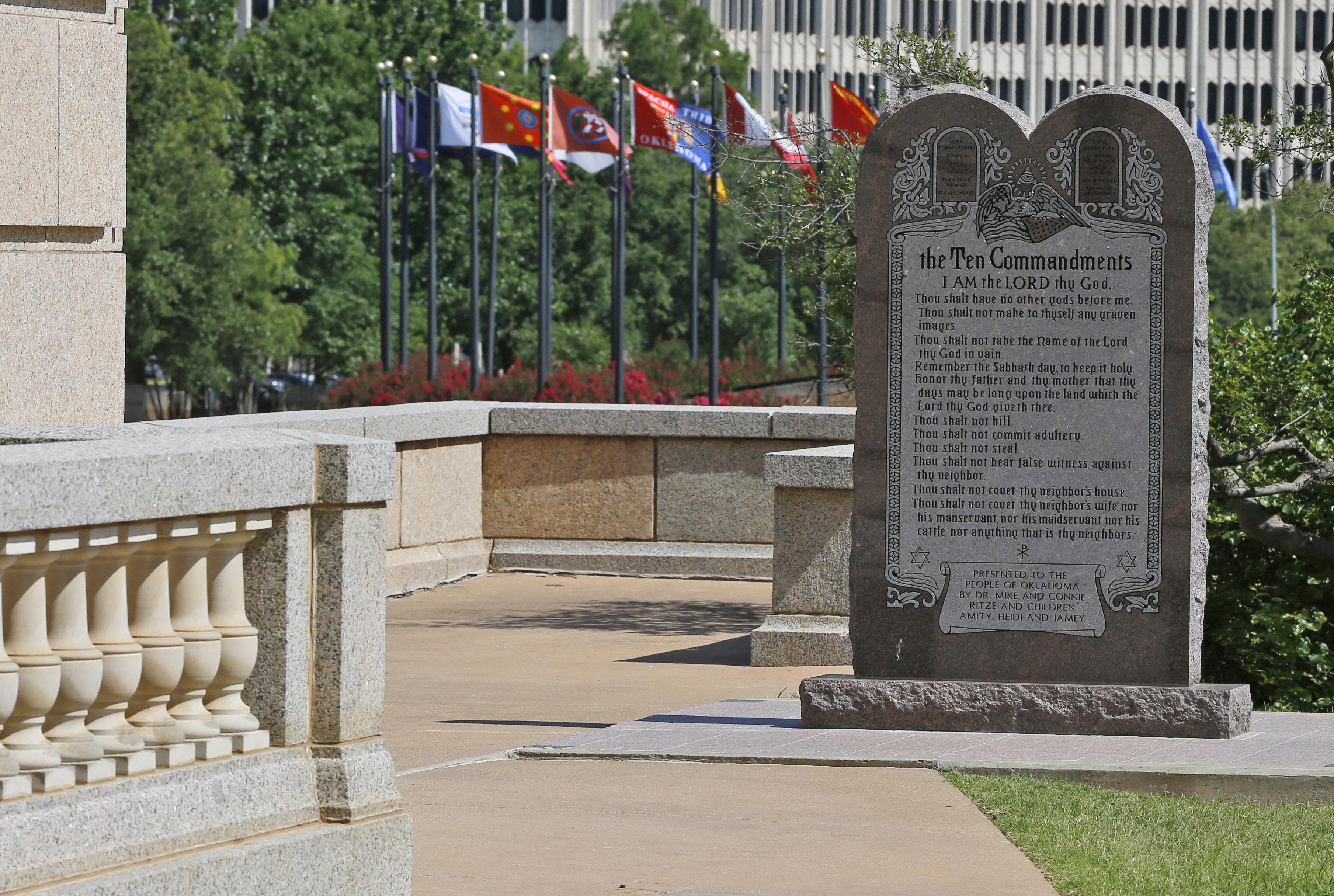 The Ten Commandments monument is pictured at the state Capitol in Oklahoma City, Tuesday, June 30, 2015. Oklahoma's Supreme Court says the monument must be removed because it indirectly benefits the Jewish and Christian faiths in violation of the state constitution. (Sue Ogrocki—AP)