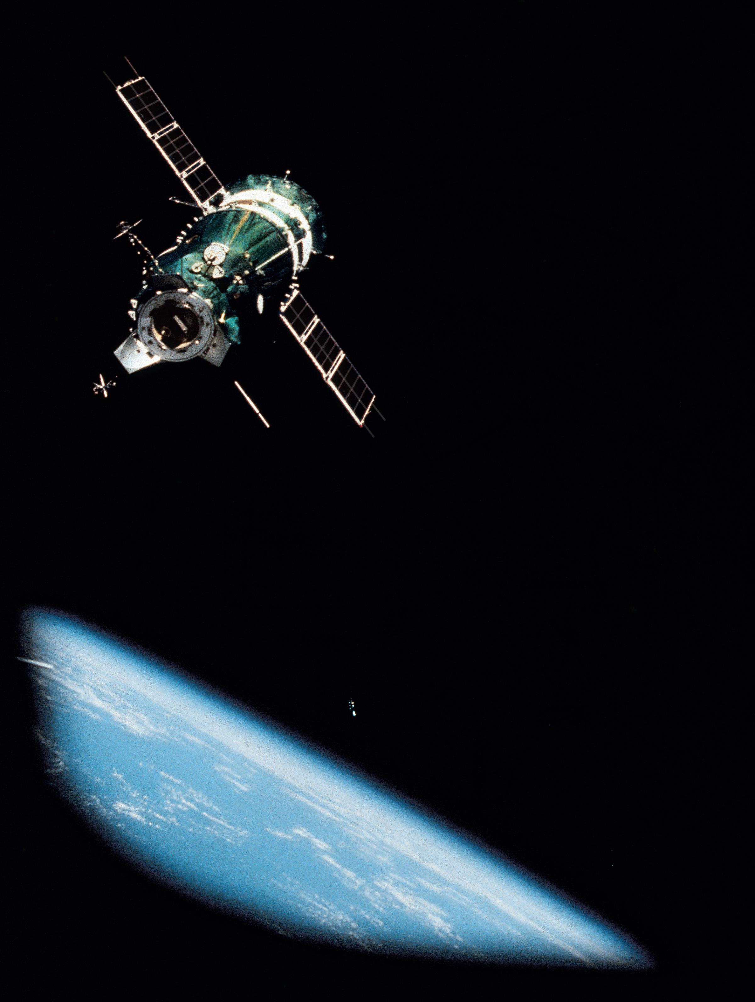 The Soviet Soyuz spacecraft approaches the Apollo for linkup in space, the first rendezvous and docking of vessels from different nations.