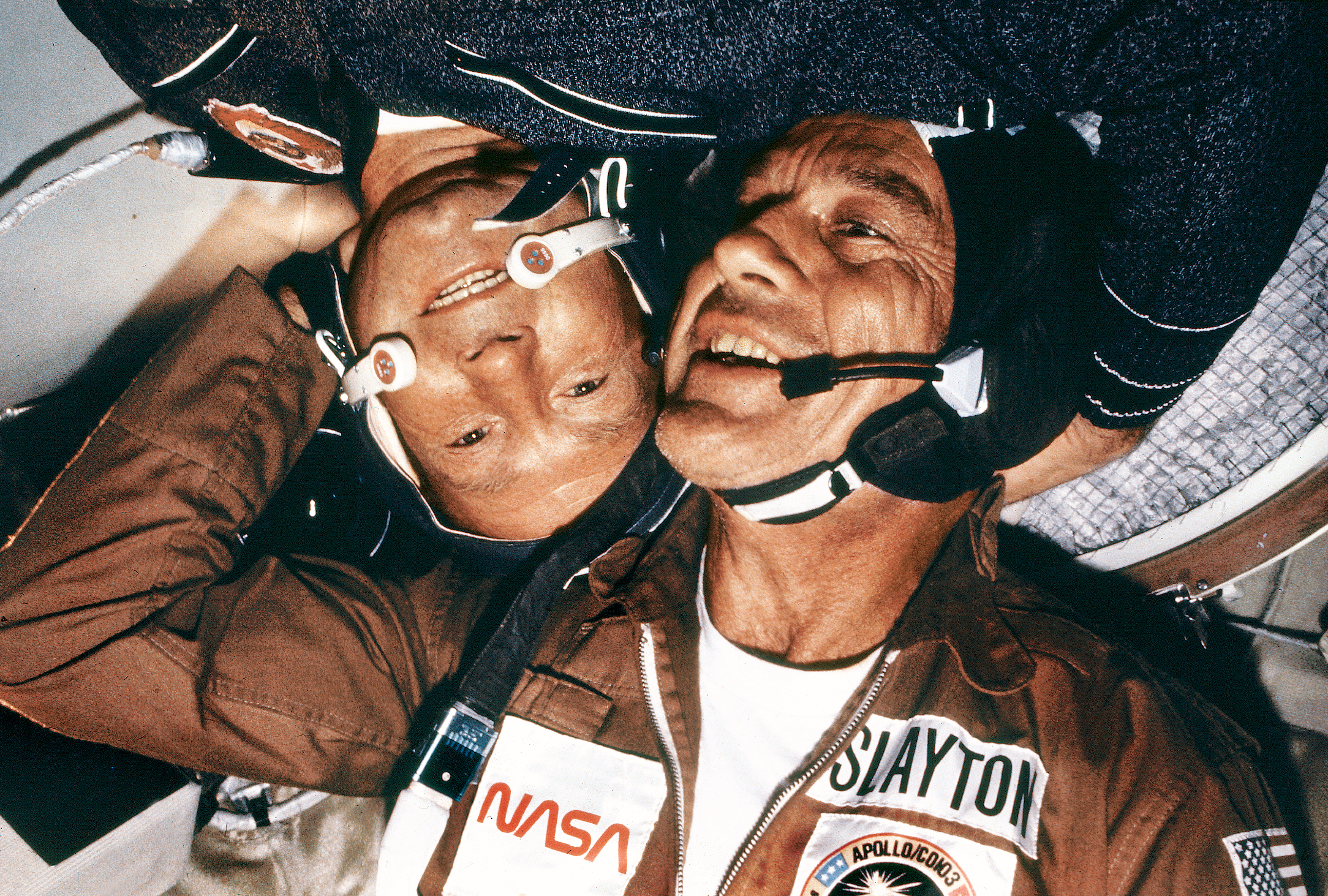 American astronaut Deke Slayton and Russian cosmonaut Alexei Leonov during the US-Soviet Apollo-Soyuz linkup. (NASA)