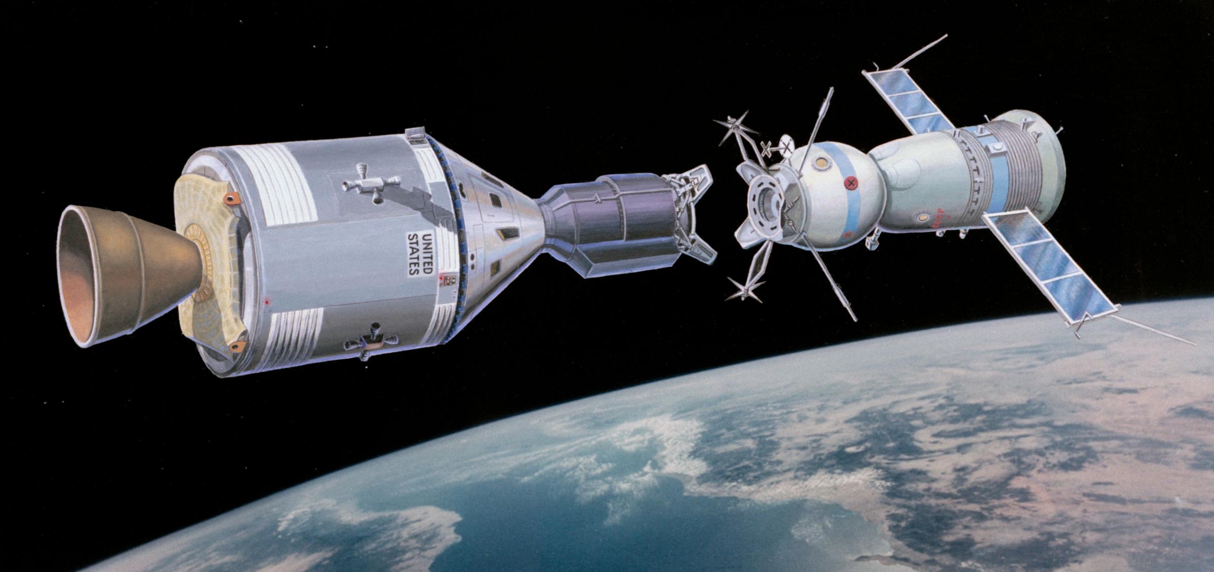 This artist's concept illustrates the Apollo-type spacecraft about to dock with a Soviet Soyuz-type spacecraft (right).
