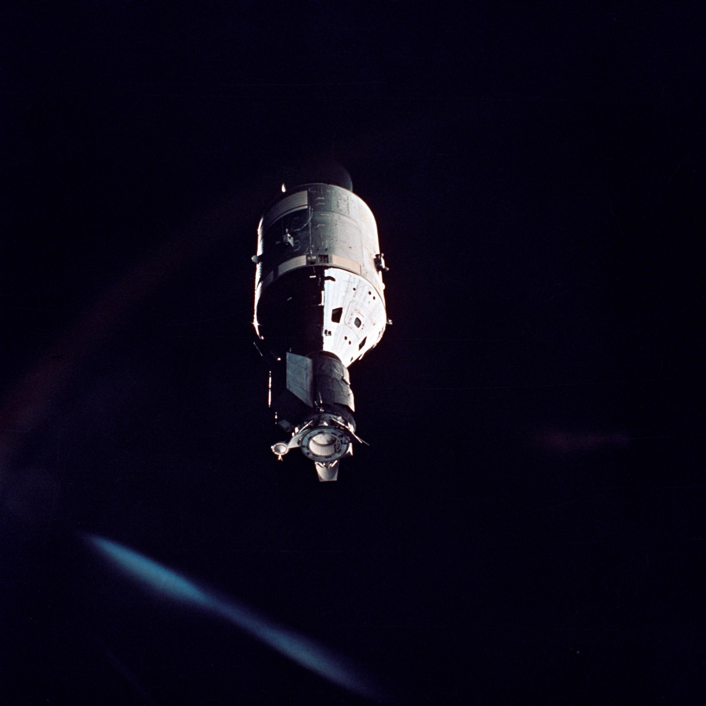 The American Apollo spacecraft as seen in Earth orbit from the Soviet Soyuz 19 spacecraft during the joint U.S.-USSR Apollo Soyuz Test Project (ASTP) mission.