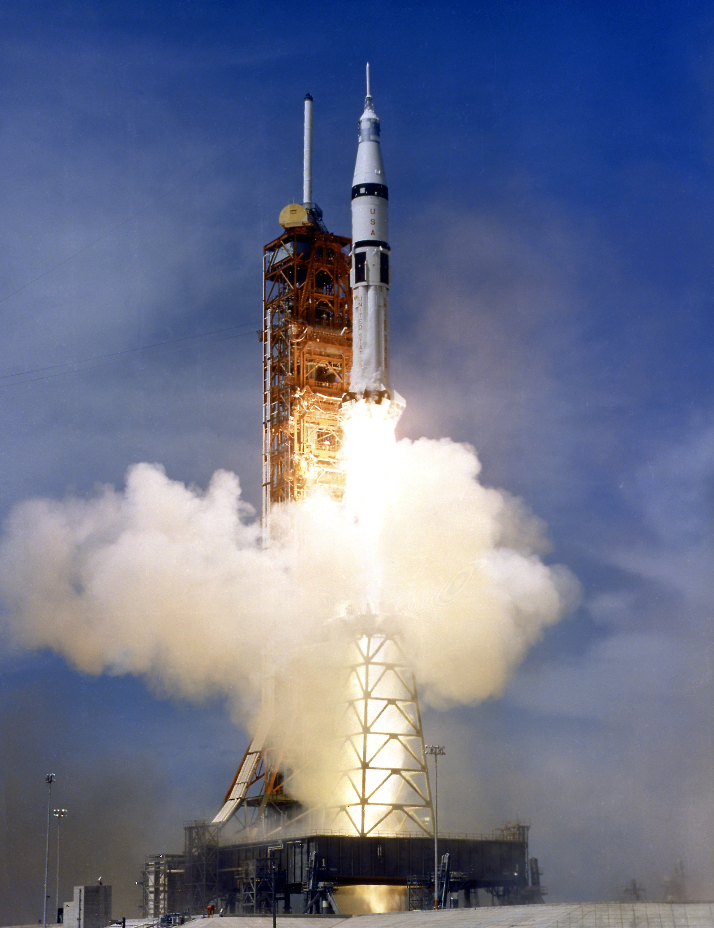 The Saturn IB launch vehicle lifts the American crew into orbit on July 15, 1975.