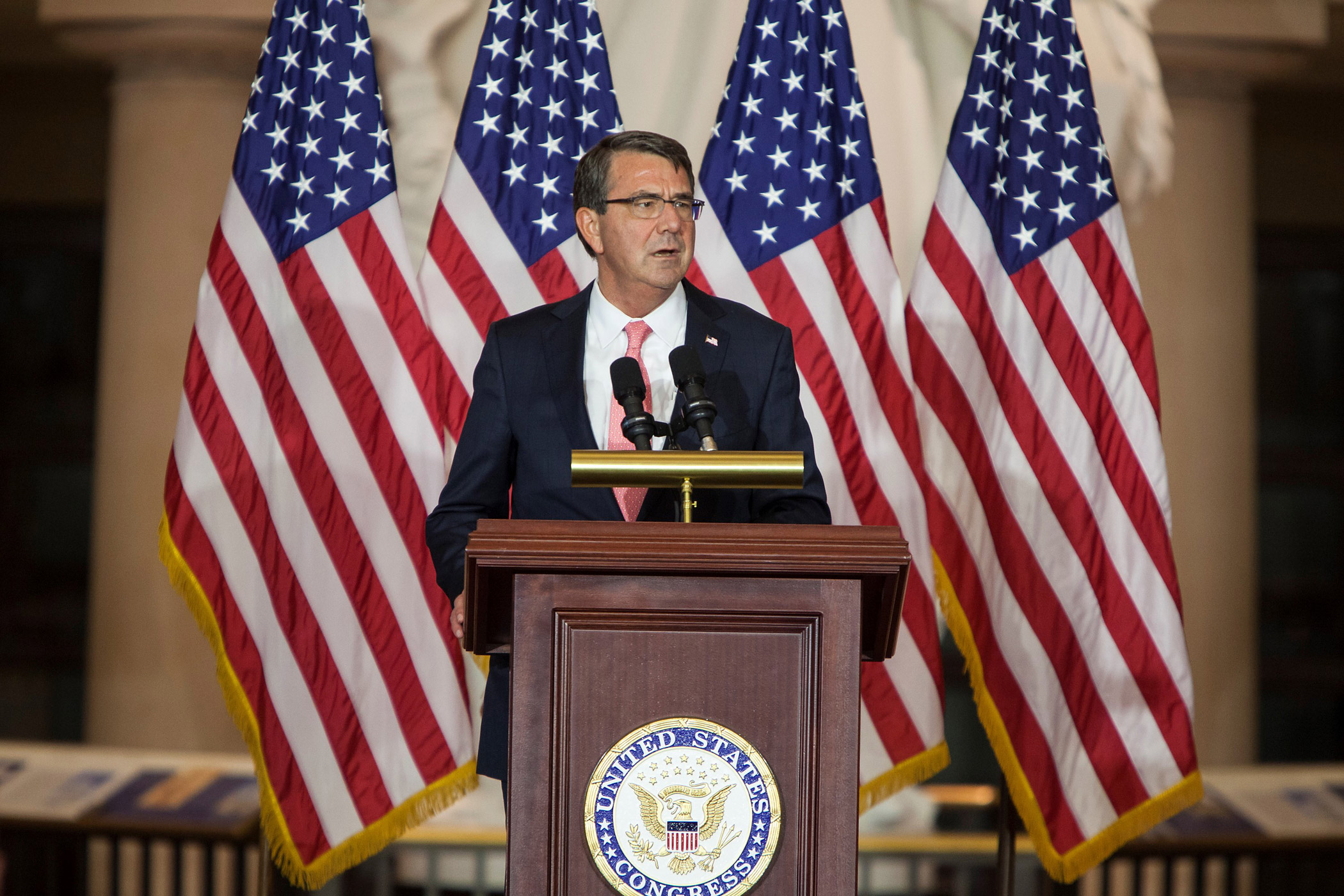 Secretary of Defense Ash Carter speaks to veterans during the Vietnam War Commemoration ceremony at the Capitol in Washington, DC on July 8, 2015. (Samuel Corum—Anadolu Agency/Getty Images)