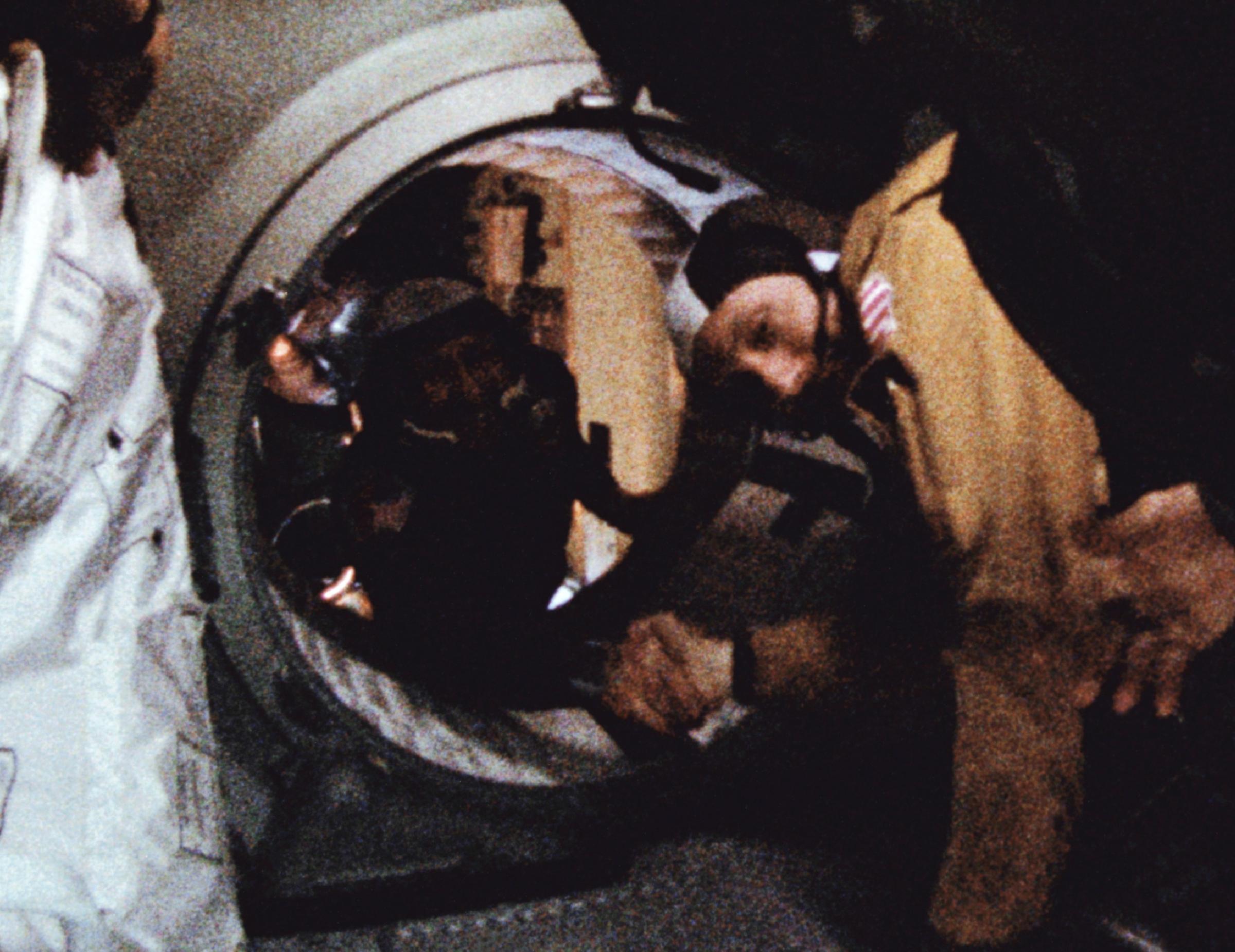 Astronaut Tom Stafford (in foreground) and cosmonaut Alexei Leonov make their historic handshake in space on July 17, 1975.