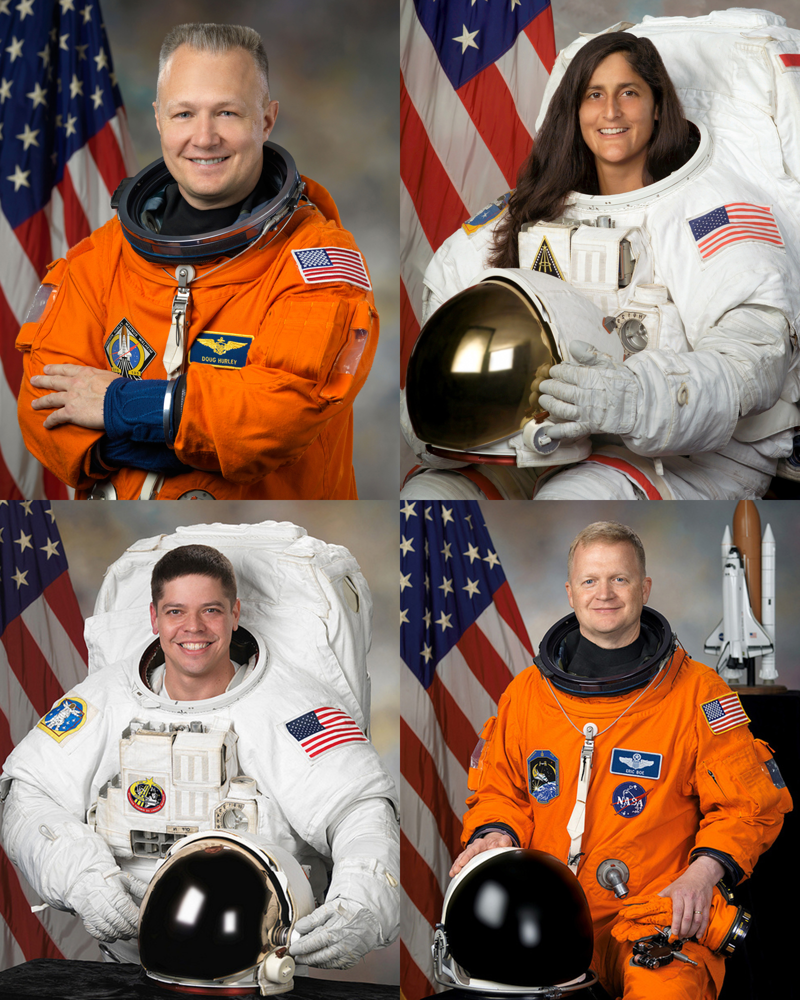 Clockwise from top left: Douglas G. Hurley, Sunita L. Williams, Eric A. Boe, and Robert L. Behnken. (NASA)