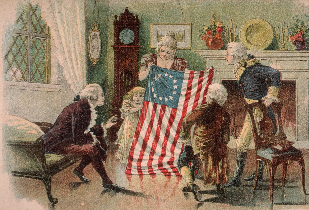 An illustration of American seamstress Betsy Ross showing the first design of the American flag to George Washington in Philadelphia (Hulton Archive / Getty Images)