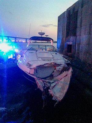 37-foot Sea Ray Sundancer after colliding with a barrier at the Francis Scott Key Bridge in Baltimore on July 27, 2015.