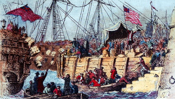 The Boston Boys throwing tea from English ships into Boston harbor in historic tax protest (a.k.a. the Boston Tea Party).