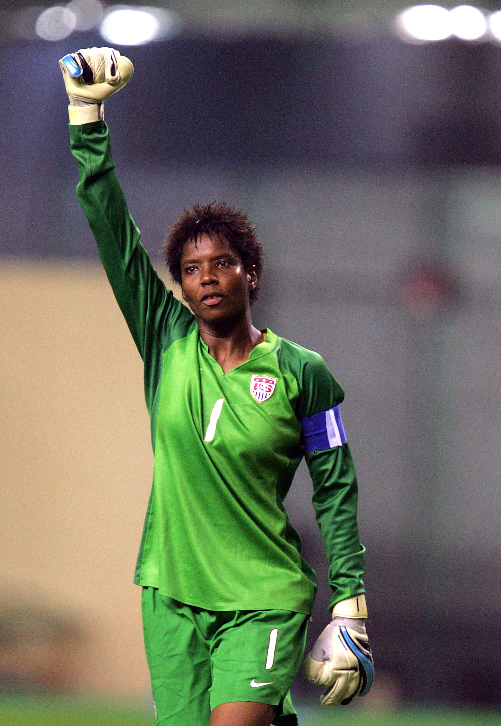 U.S. Goalkeeper Briana Scurry acknowledges the crowd after her team's 4-1 win against Norway at Hongkou Stadium in Shanghai on September 30, 2007. (Ronald Martinez—Getty Images)