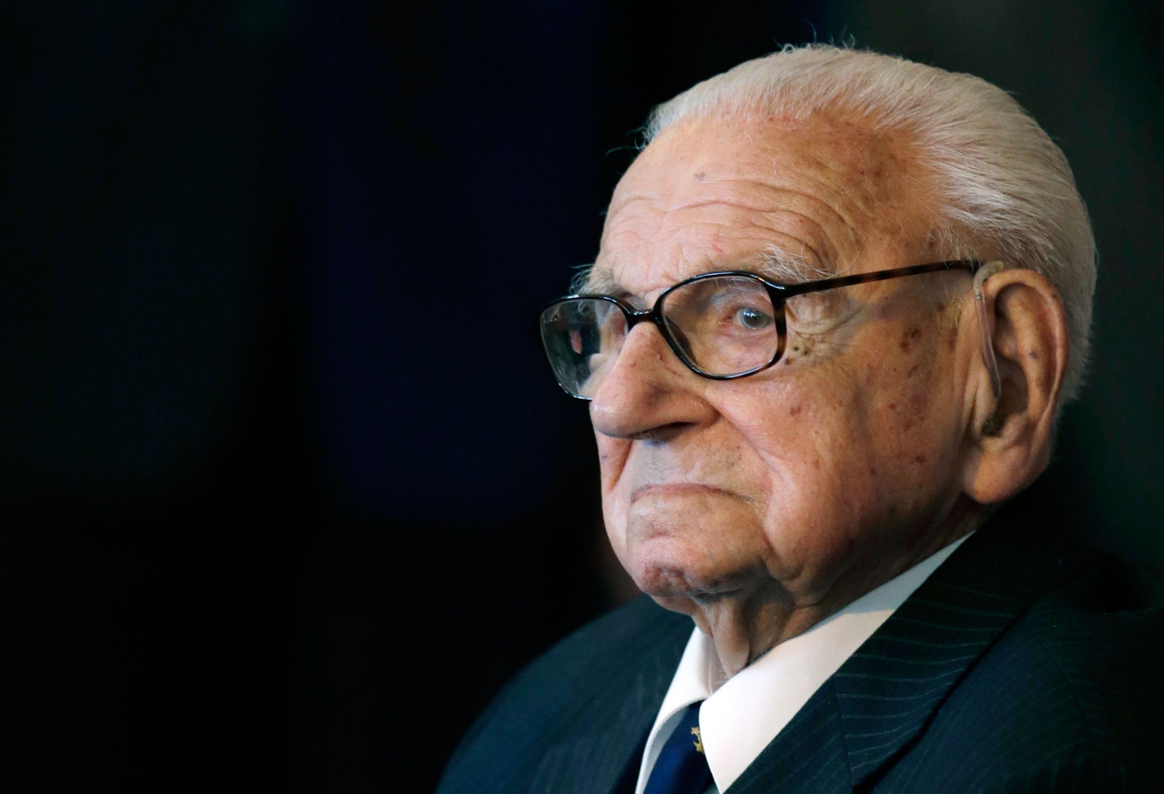 An Oct. 28, 2014 file photo of the then 105 year-old Sir Nicholas Winton waiting to be decorated with the highest Czech Republic's decoration, The Order of the White Lion at the Prague Castle in Prague, Czech Republic. Winton, a humanitarian who almost single-handedly saved more than 650 Jewish children from the Holocaust, earning himself the label “Britain's Schindler,” has died. He was 106. The Rotary Club of Maidenhead, of which he was former president, said Winton died Wednesday, July 1, 2015, with his daughter Barbara and two grandchildren at his side. (AP Photo/Petr David Josek, File)