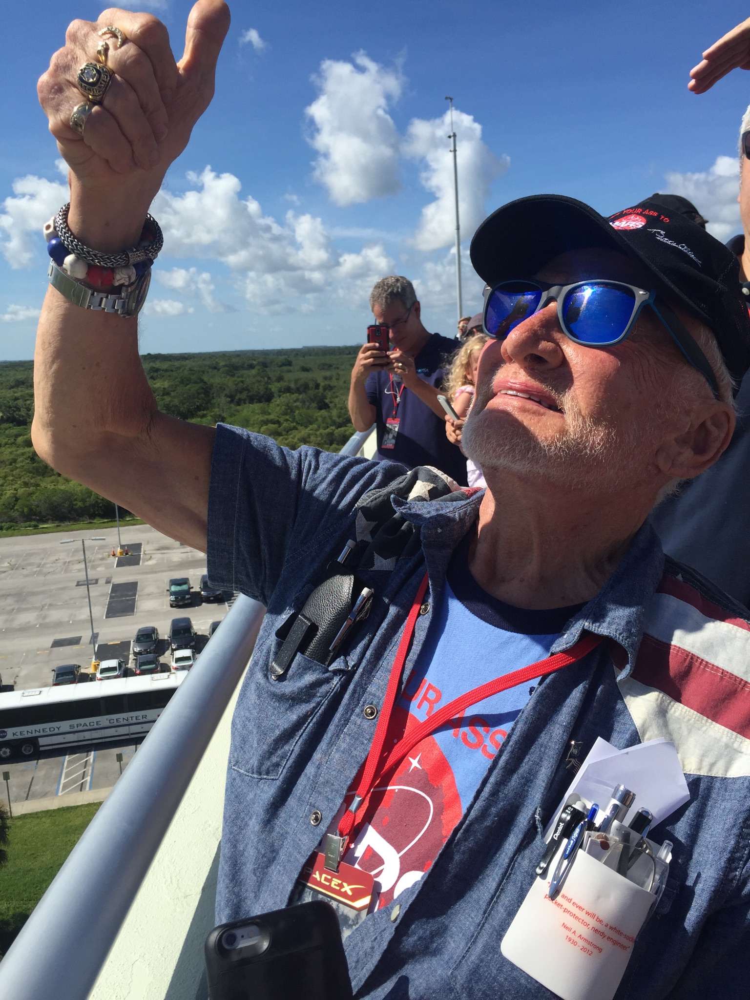 Dr. Buzz Aldrin watches the Spacex Falcon 9 rocket launch on June 28, 2015  at the Kennedy Space Center in Florida.