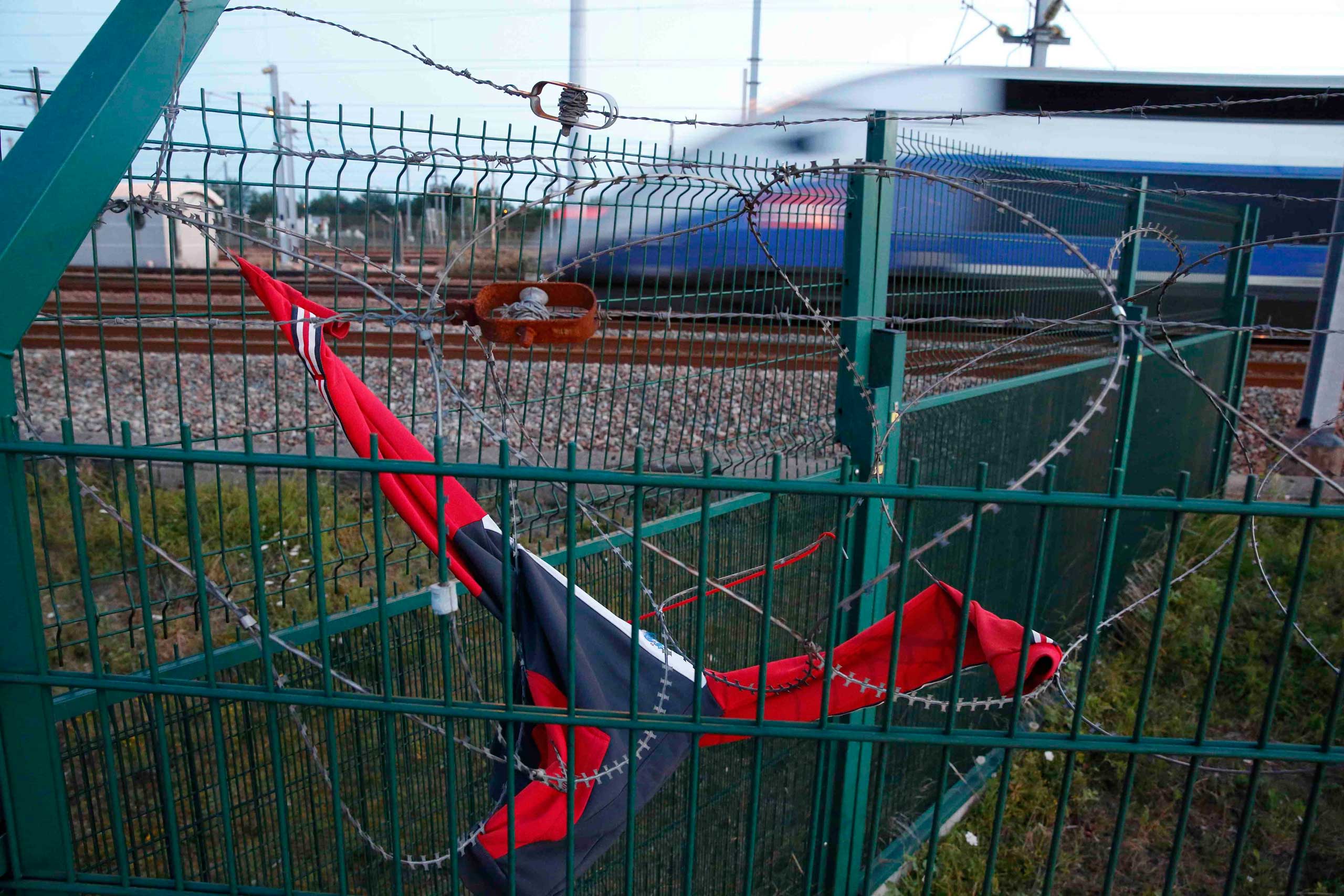 A TGV high speed train passes behind razor-wire fencing close to the Channel Tunnel site in Calais, northern France,  on July 29, 2015.