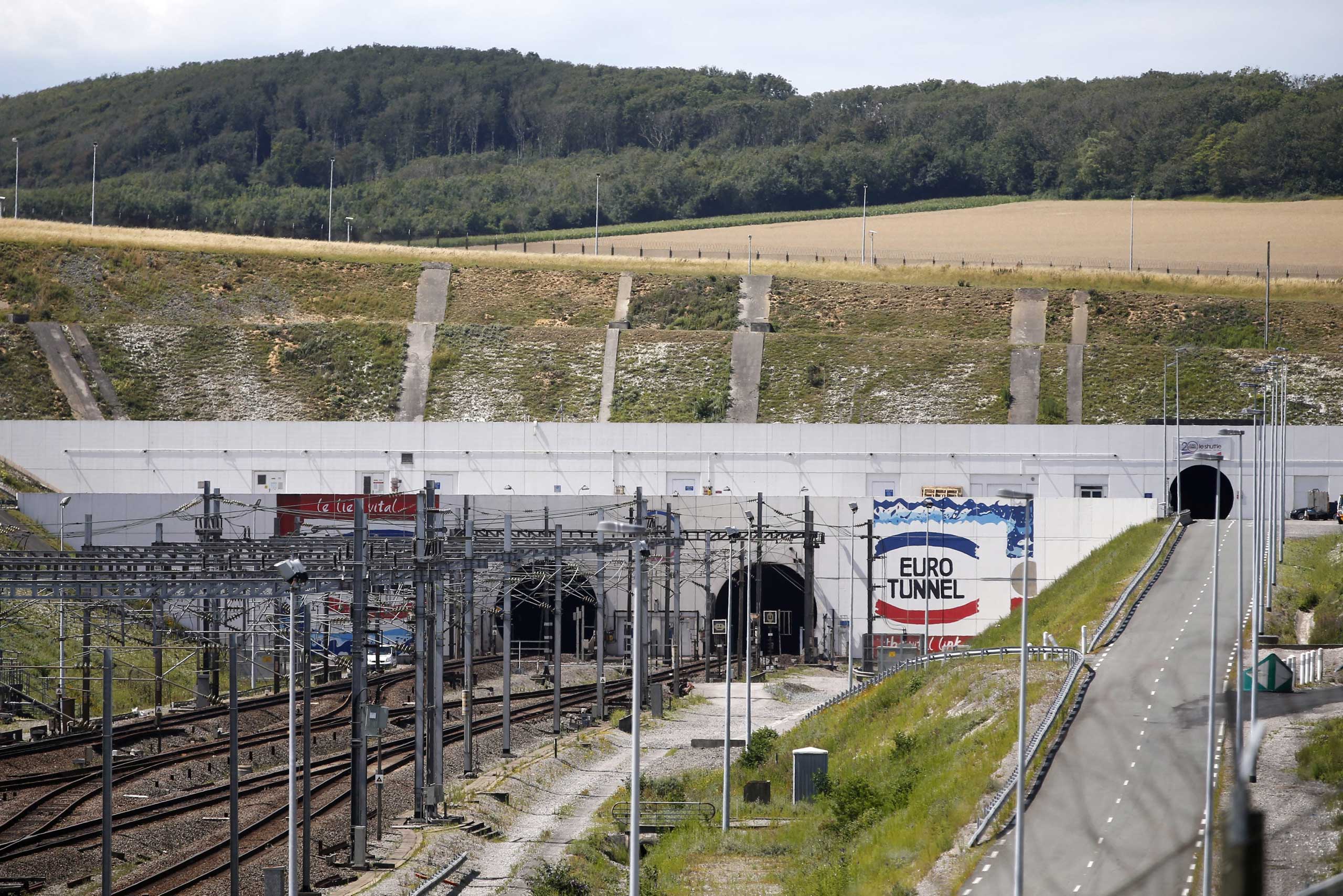 A general view of the Eurotunnel train tracks at the entrance of the channel tunnel in Coquelles, near Calais, France, on  July 29, 2015.