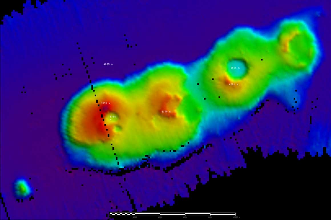 A map of the newly discovered volcanic peaks off Sydney, showing their depth relative to the surface. (CSIRO)