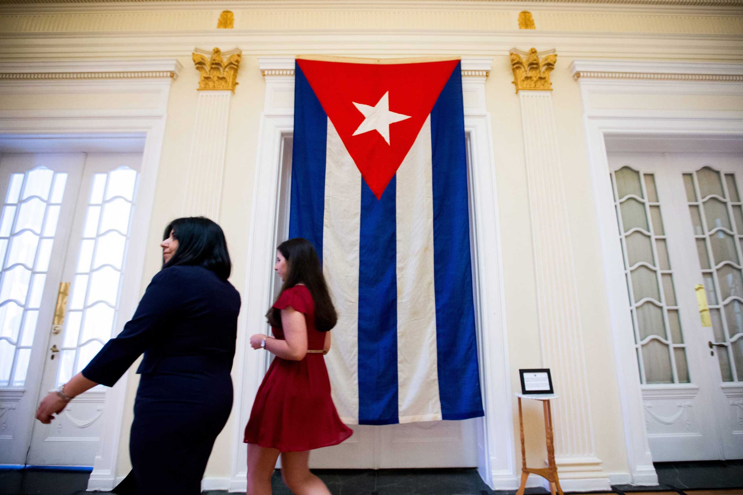 The last Cuban flag that was lowered from the former Cuban Embassy in Washington on January 3, 1961 when relations between the United States and Cuba were severed, hangs in the new Cuban Embassy in Washington on July 20, 2015.