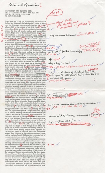 Page 1 of corrected proof of David Foster Wallace’s 1996 essay on the U.S. Open for Tennis magazine. (Harry Ransom Center)