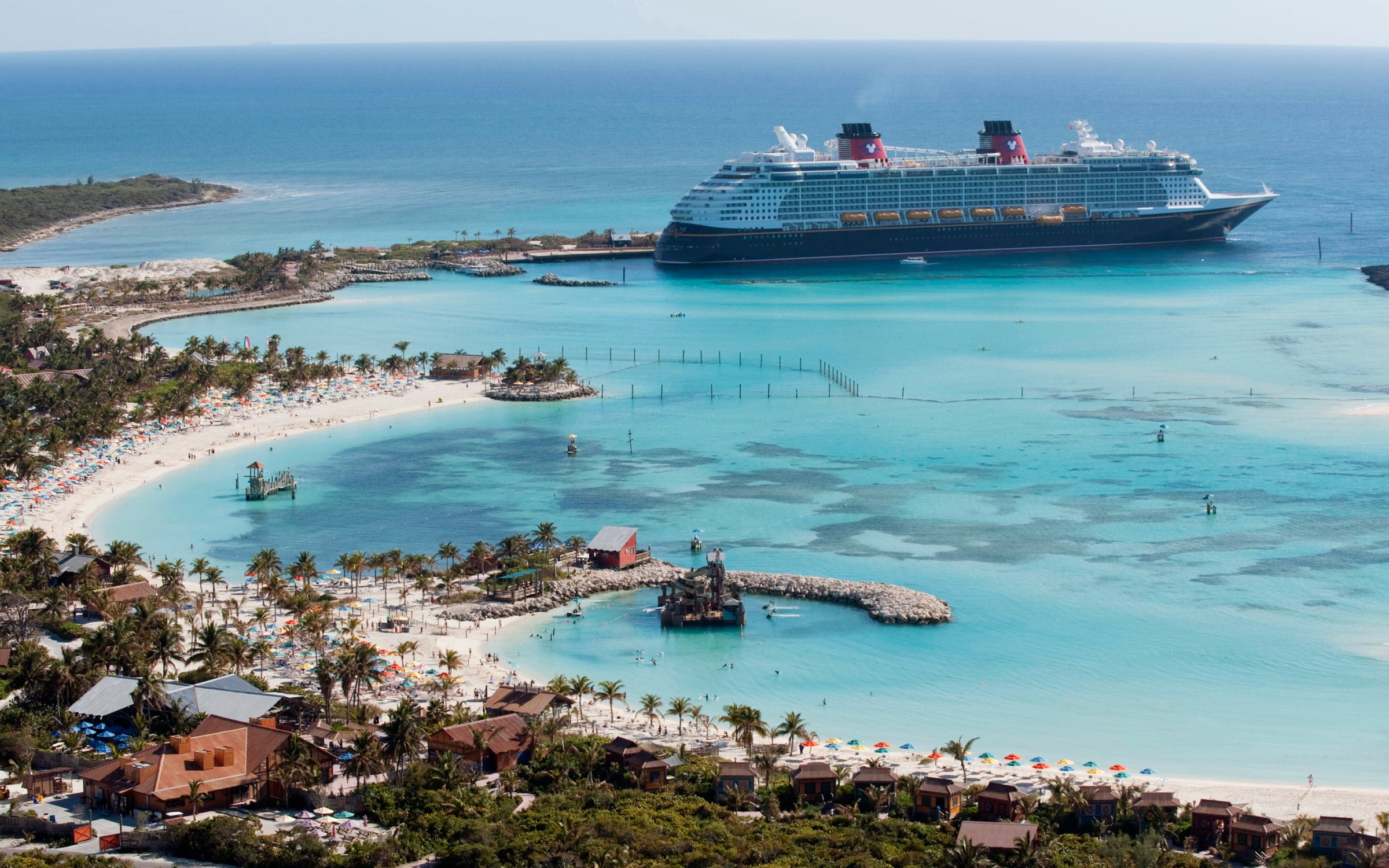 The Disney Dream docks at Castaway Cay, Disney's private island in the tropical waters of the Bahamas.