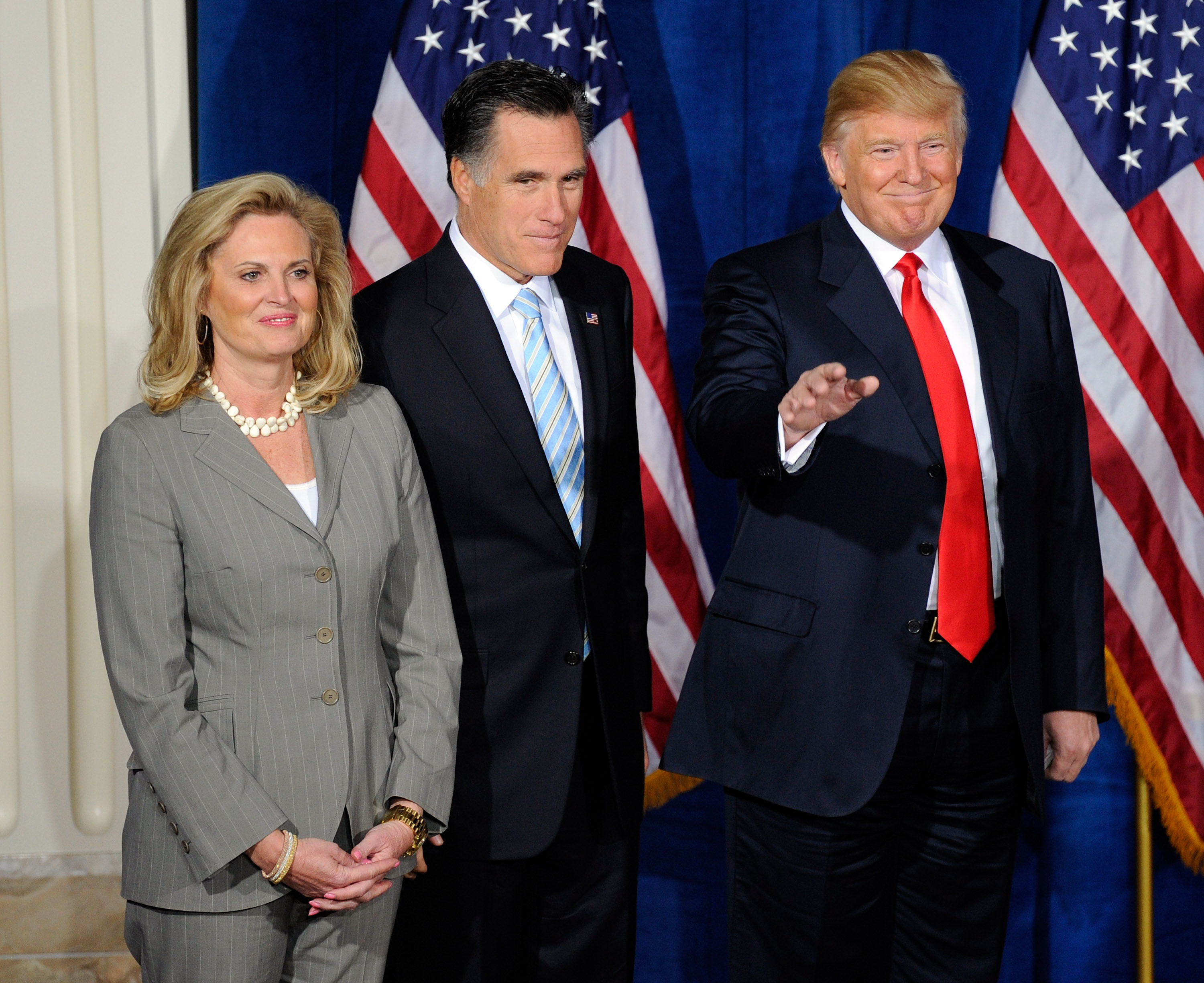 Donald Trump appears at a news conference to endorse Republican presidential candidate, former Massachusetts Gov. Mitt Romney as his wife Ann Romney looks on at the Trump International Hotel &amp; Tower Las Vegas in Las Vegas on February 2, 2012. (Ethan Miller—Getty Images)