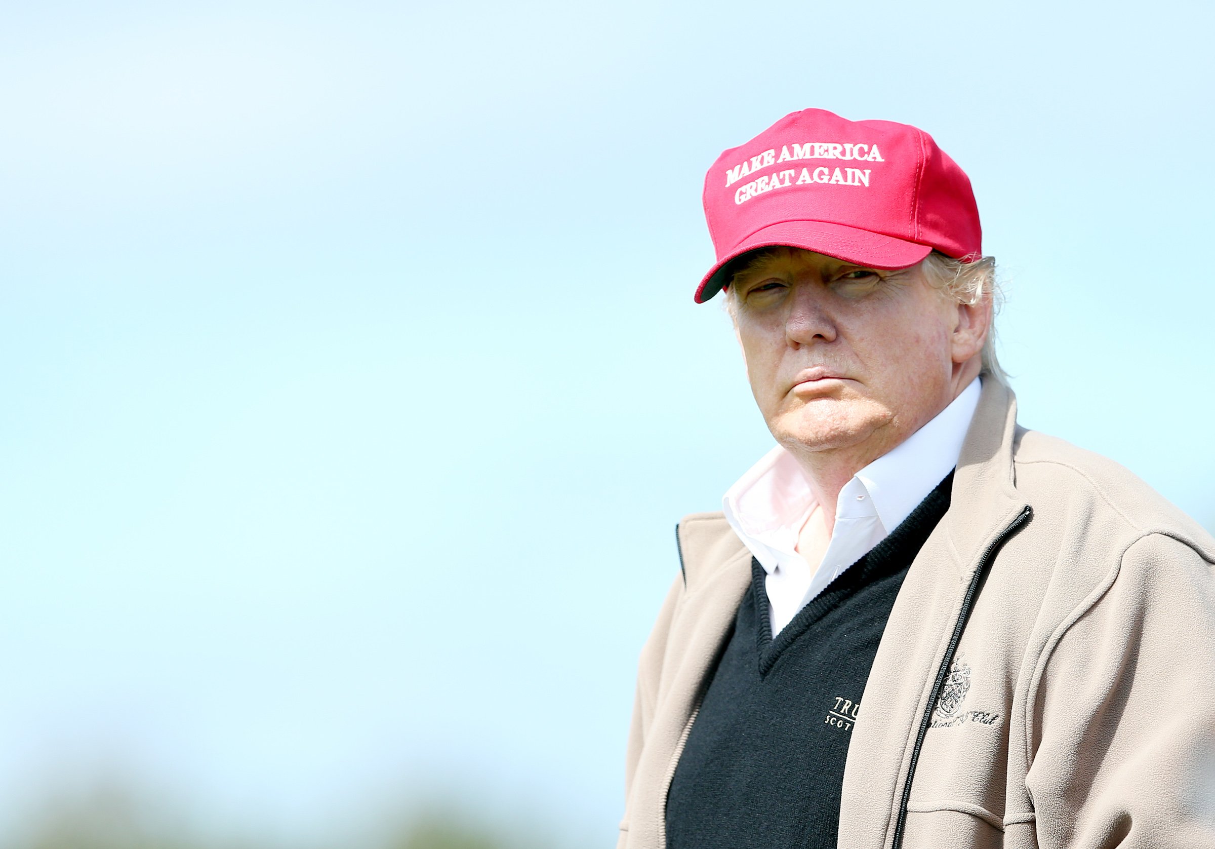 Presidential contender Donald Trump looks on at the 16th green on the 1st first day of the Women's British Open golf championship on the Turnberry golf course in Turnberry, Scotland on July 30, 2015. (Scott Heppell—AP)