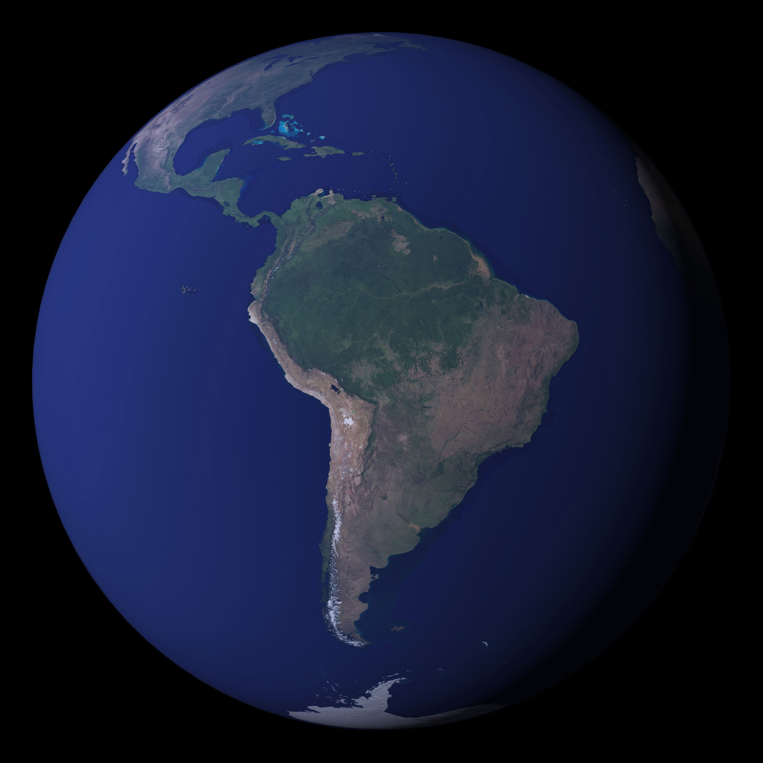 The Blue Marble: Next Generation was a series of images that show the color of the Earth’s surface for each month of 2004 at very high resolution (500 meters/pixel) at a global scale. This image is a mosaic showing South America from September 2004 (with clouds removed).