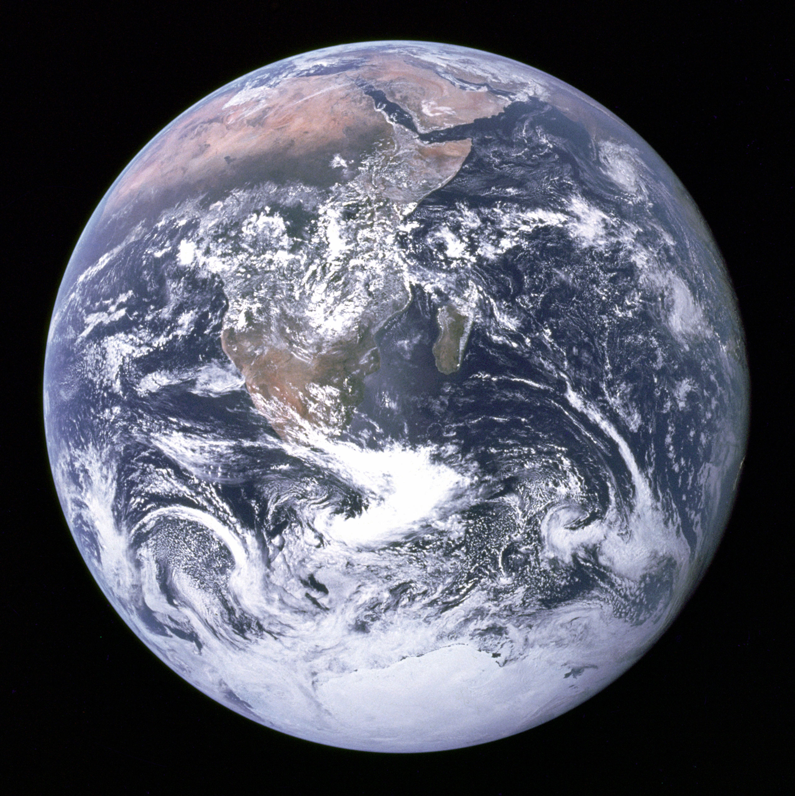 Blue Marble, 1972; The original  Blue Marble  was taken on Dec. 7, 1972, by the crew of the Apollo 17 spacecraft en route to the Moon at a distance of about 29,000 kilometres (18,000 mi). It shows Africa, Antarctica, and the Arabian Peninsula.