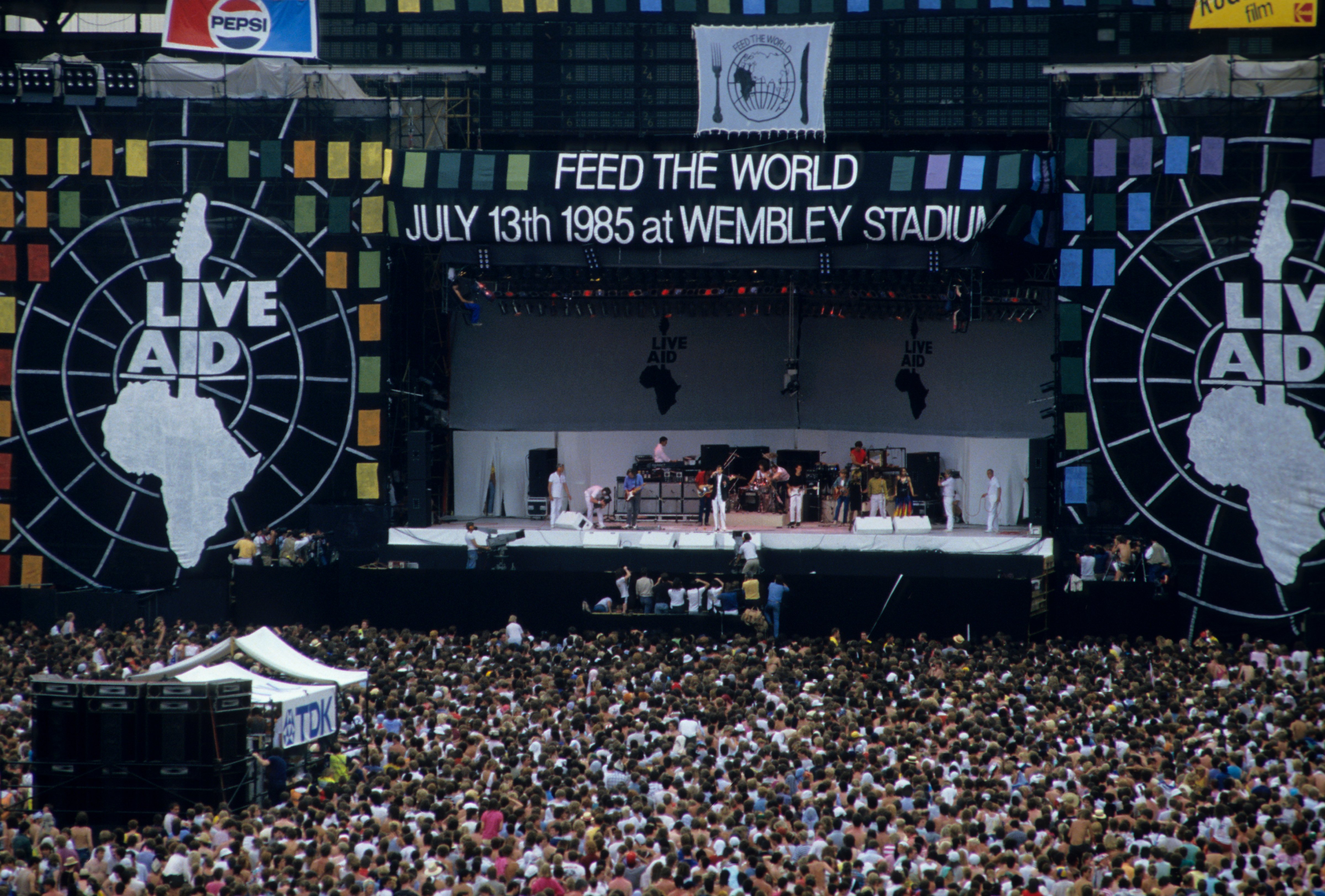 A general view of the crowd and the stage during the Live Aid concert at Wembley Stadium in London on July 13, 1985 (Georges De Keerle—Getty Images)