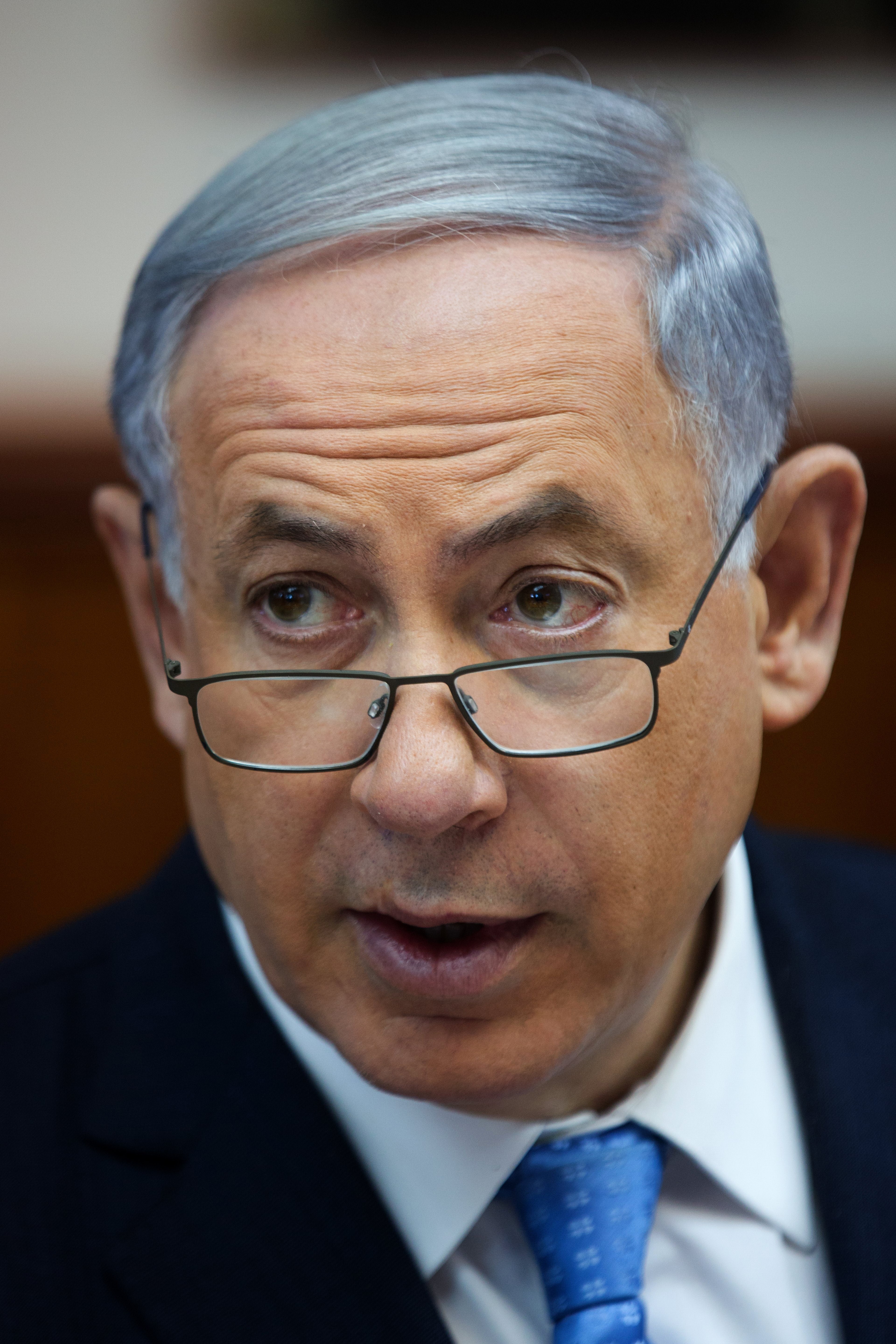 Israeli Prime Minister Benjamin Netanyahu looks on during the weekly cabinet meeting at his Jerusalem office on April 19, 2015. (Menahem Kahana–Getty Images)