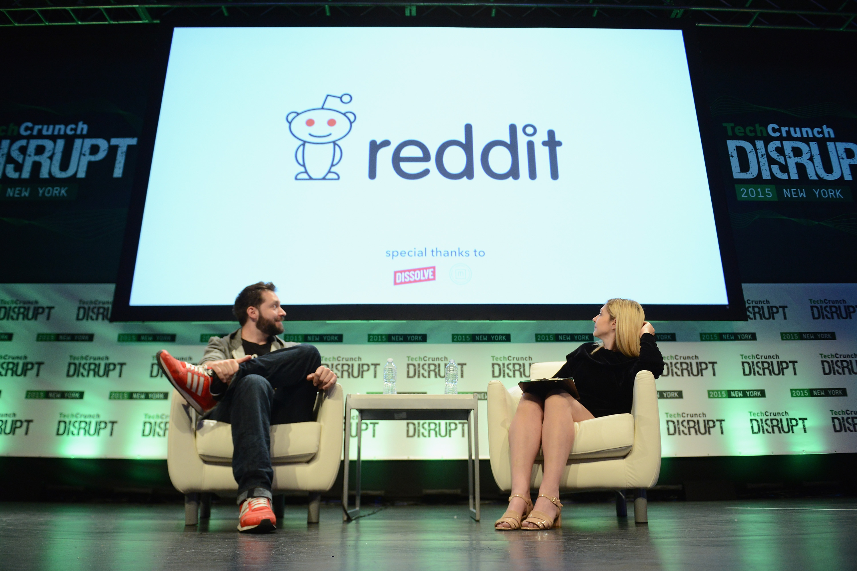 Co-Founder and Executive Chair of Reddit, and Partner at Y Combinator, Alexis Ohanian and co-editor at TechCrunch, Alexia Tsotsis appear onstage during TechCrunch Disrupt NY 2015 - Day 3 at The Manhattan Center on May 6, 2015 in New York City. (Noam Galai&mdash;2015 Getty Images)