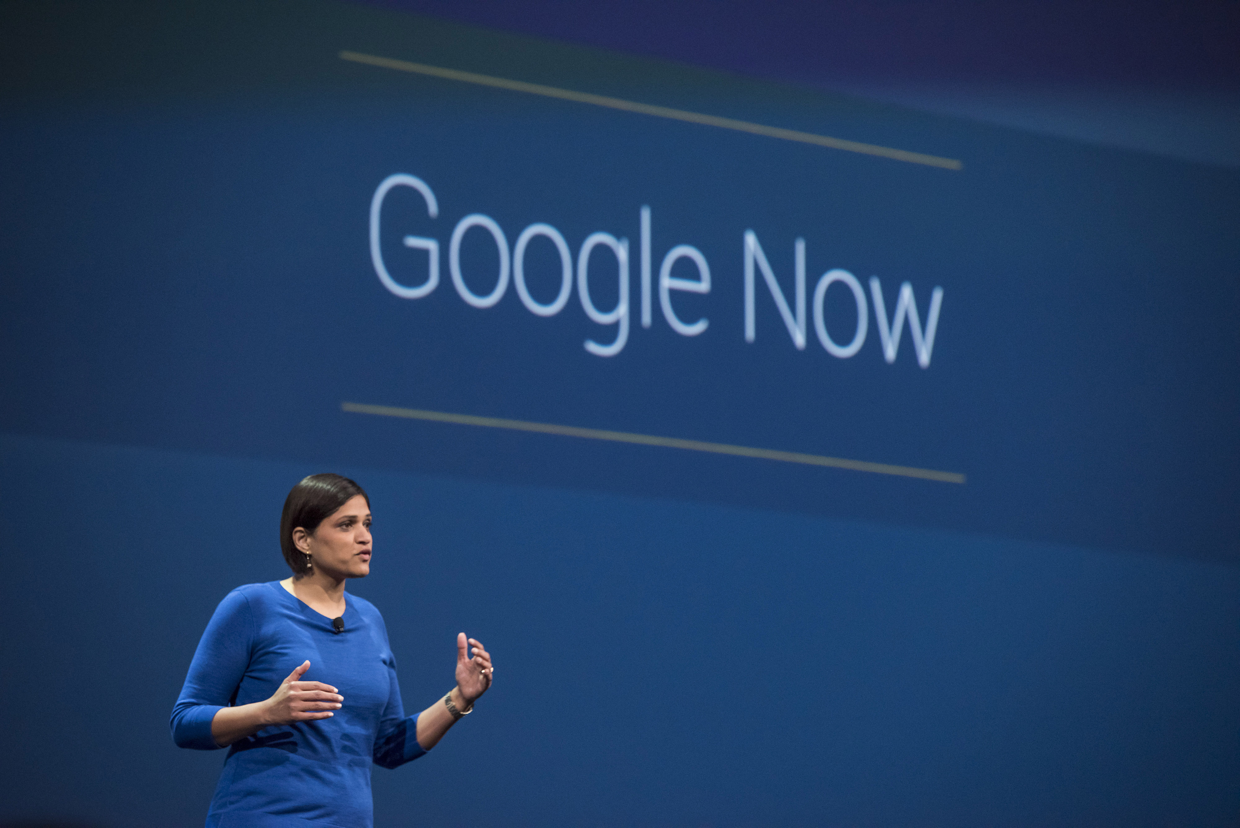 Aparna Chennapragada, director of Google Now for Google Inc., speaks during the Google I/O Annual Developers Conference in San Francisco, California, U.S., on Thursday, May 28, 2015. (Bloomberg&mdash;Bloomberg via Getty Images)