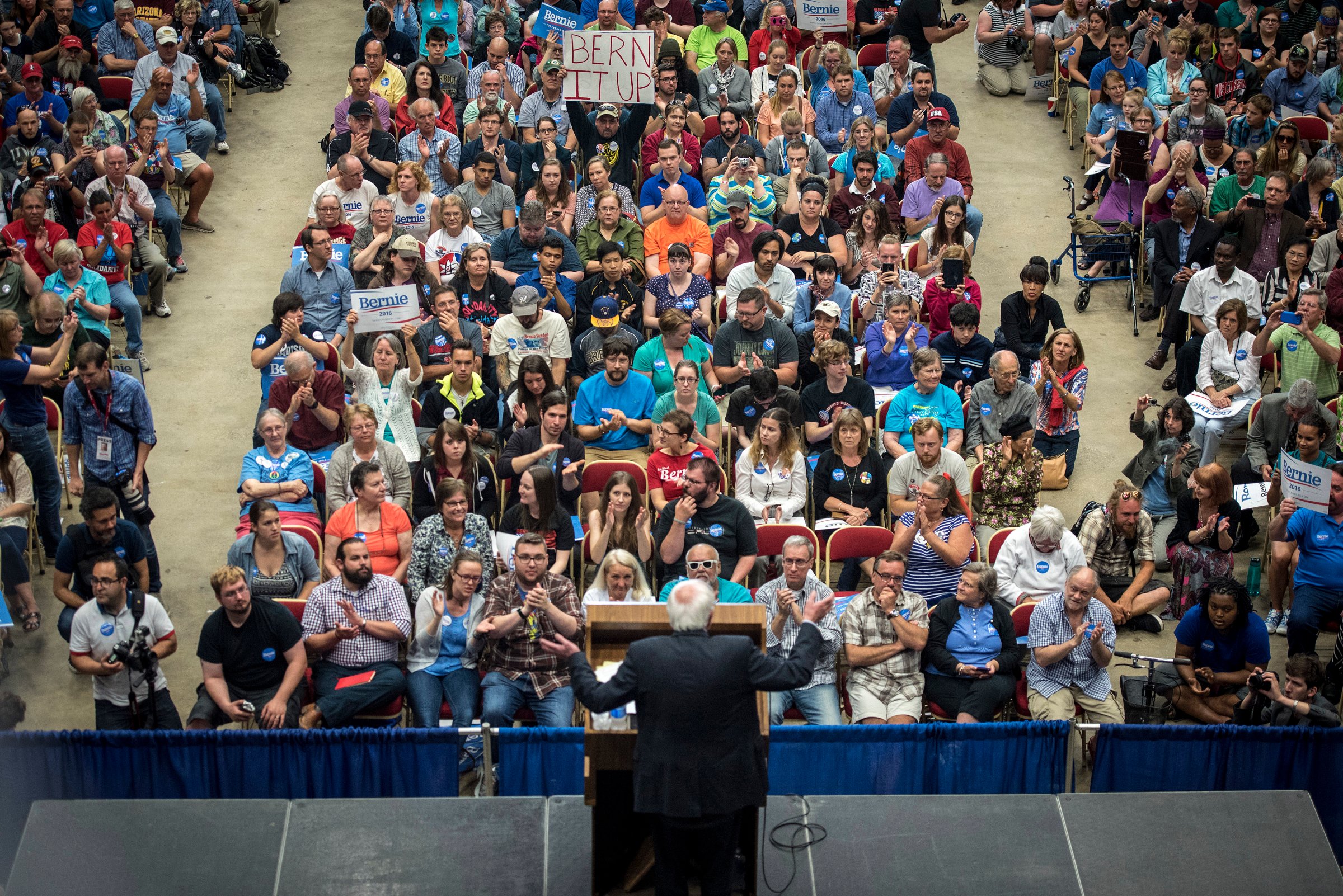 U.S. Senator Bernie Sanders, an Independent from Vermont and 2016 U.S. presidential candidate, speaks during a campaign rally in Madison, Wisconsin, U.S., on Wednesday, July 1, 2015. Sanders said he had attracted 200,000 donors as of mid-June and his campaign had raised $8.3 million online through June 17, according to FEC filings by ActBlue, the fundraising platform that he and some other left-leaning candidates and causes use. Photographer: Christopher Dilts/Bloomberg *** Local Caption *** Bernie Sanders