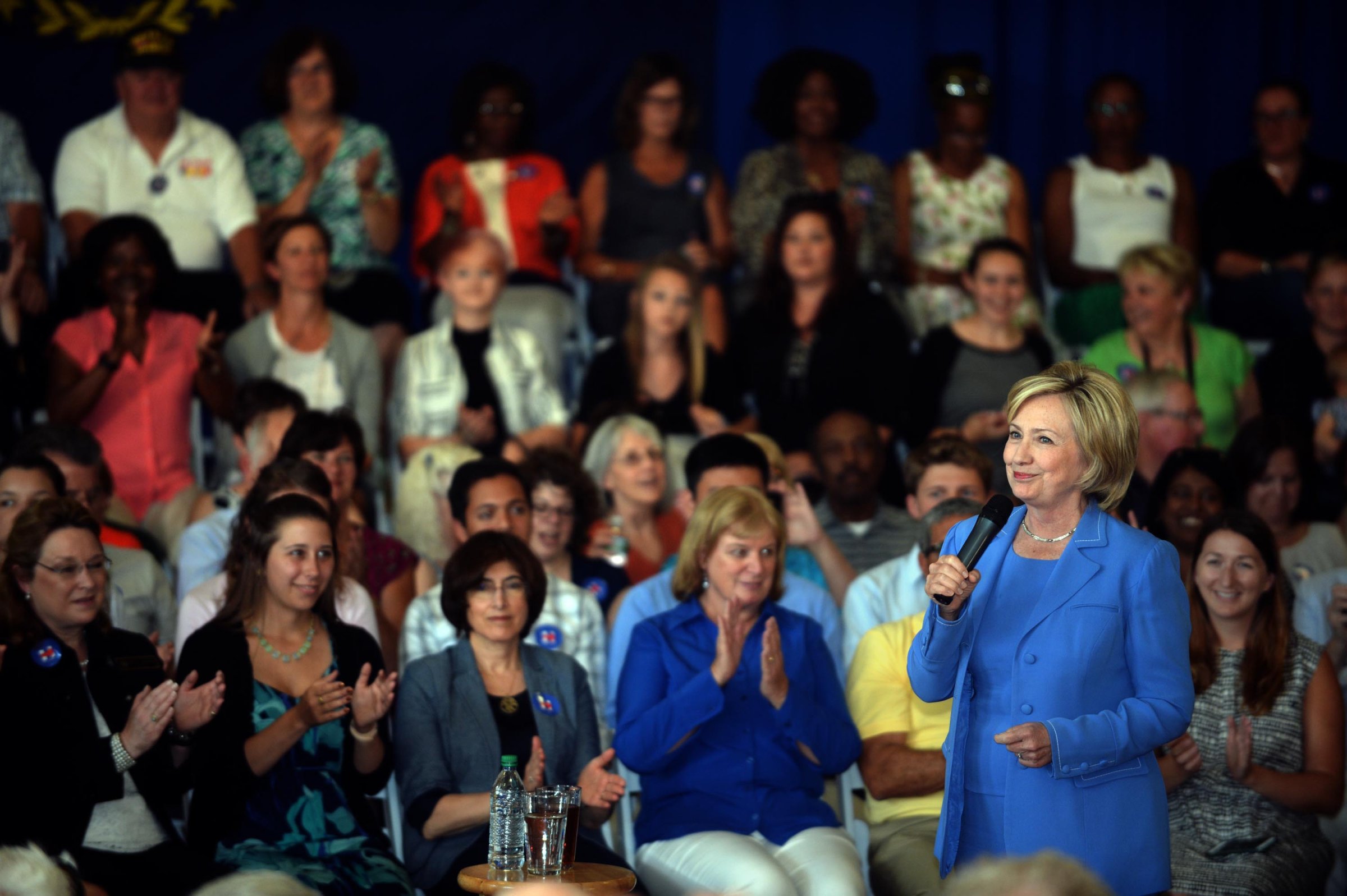 DOVER, NH - JULY 16: Democratic Presidential candidate Hillary Clinton speaks during a town hall event at Dover City Hall July 16, 2015 in Dover, New Hampshire. Clinton spoke about how to build an economy that will boost the middle class. (Photo by Darren McCollester/Getty Images) *** Local Caption *** Hillary Clinton