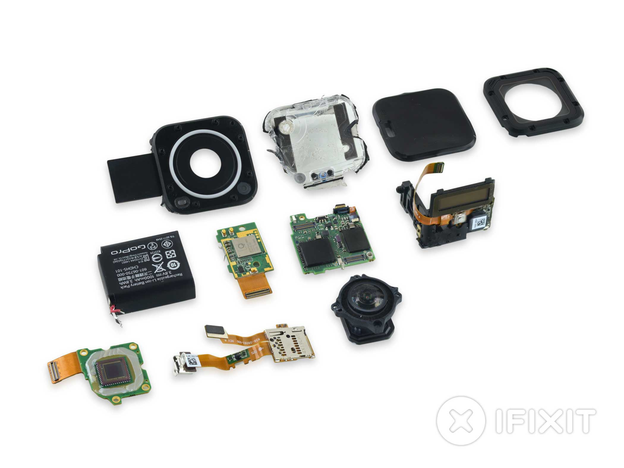 The GoPro HERO4 Session entirely dismantled.