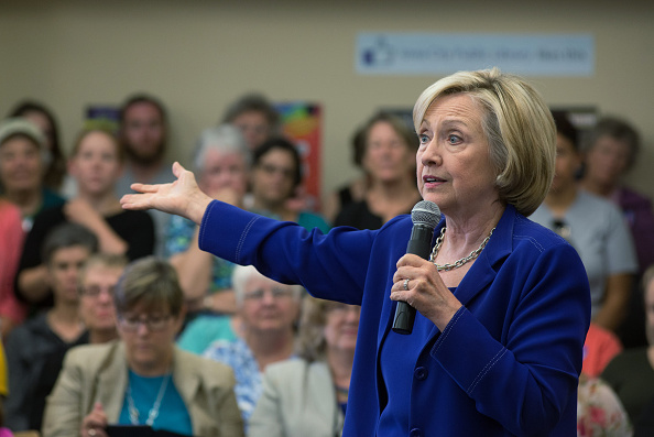 Former Secretary of State and presidential candidate Hillary Clinton addresses supporters at an organizational rally on July 7, 2015 at the Iowa City Public Library in Iowa City, Iowa.