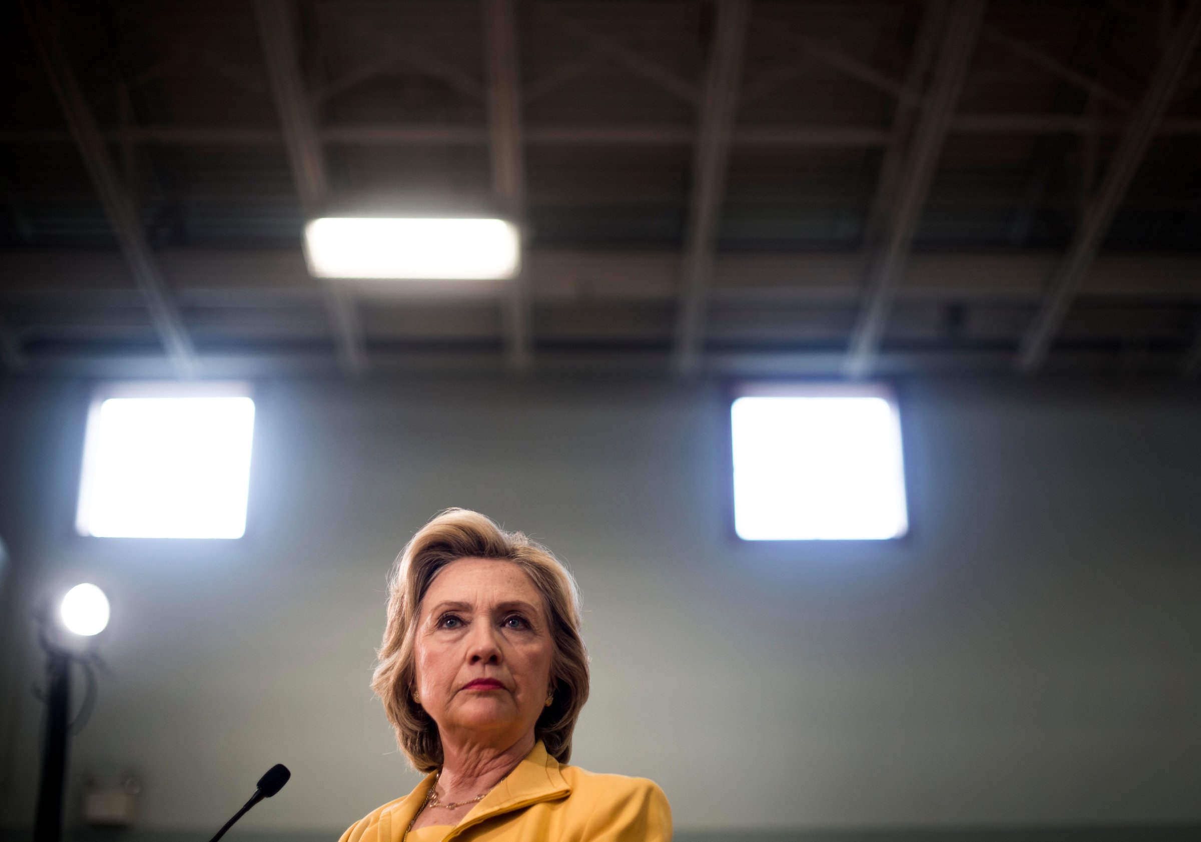 Secretary Hillary Clinton speaks to journalists after a town hall meeting in Nashua, New Hampshire, on July 28, 2015.