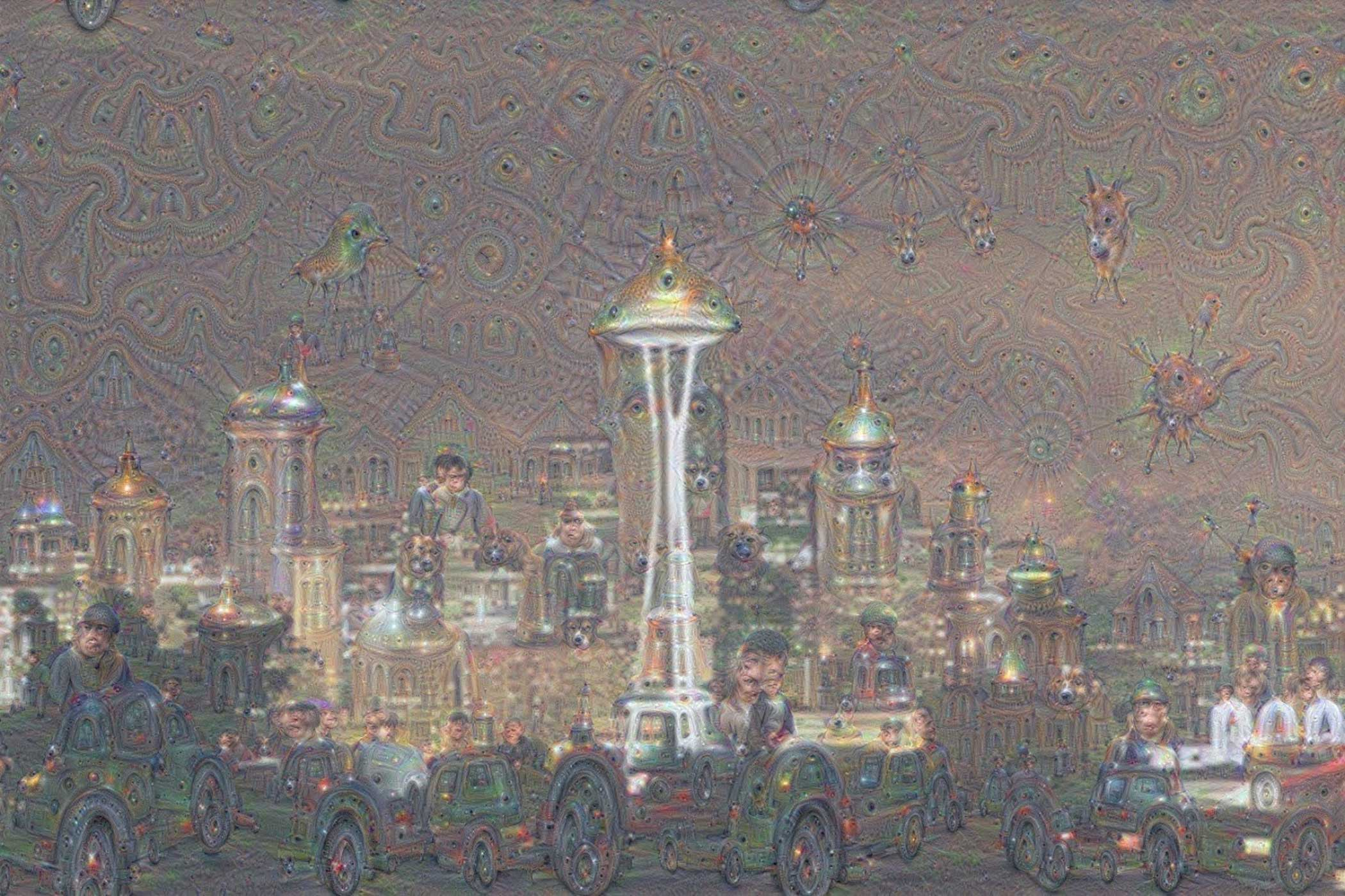 In addition to re-interpreting images, the network can create “dreams” from a random-noise image by continually building new impressions on top of its old ones