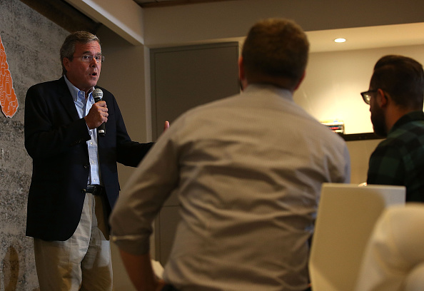 Republican presidential candidate and former Florida governor Jeb Bush speaks to workers at Thumbtack on July 16, 2015 in San Francisco, California.