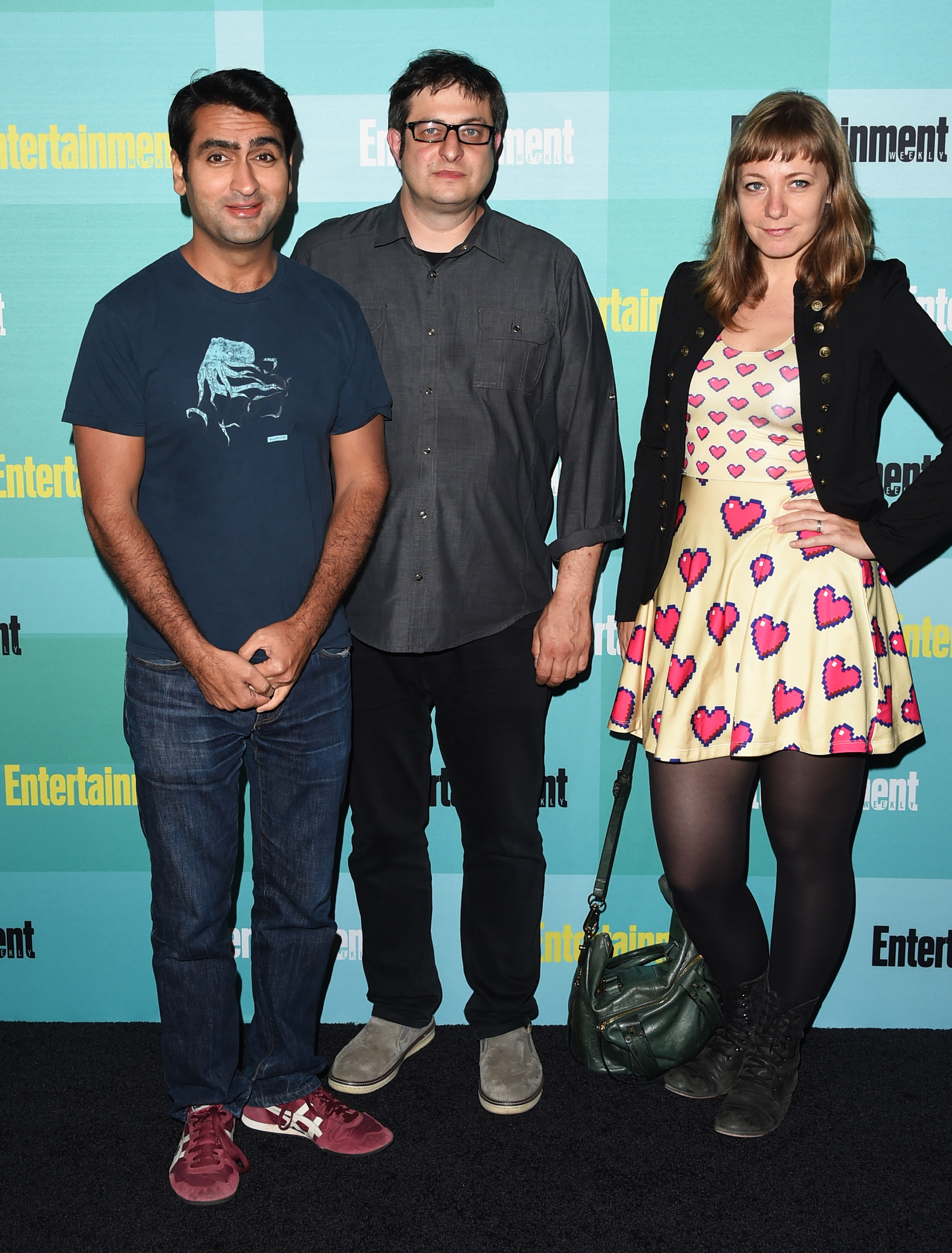 Left to right, Kumail Nanjiani, Eugene Mirman and writer/producer Emily V. Gordon arrive at the Entertainment Weekly celebration at The Hard Rock Hotel in San Diego on July 11, 2015.